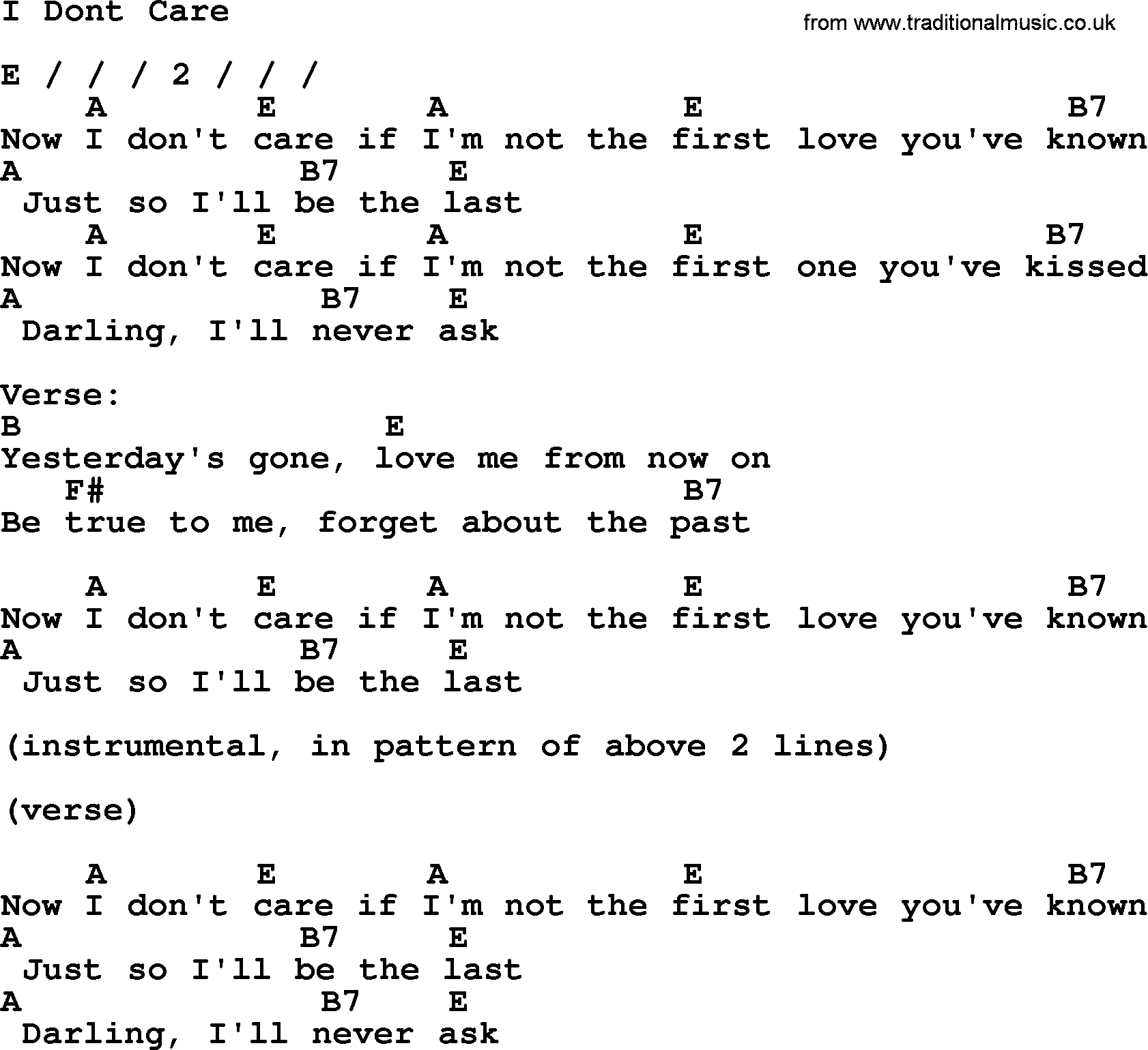Bluegrass song: I Dont Care, lyrics and chords