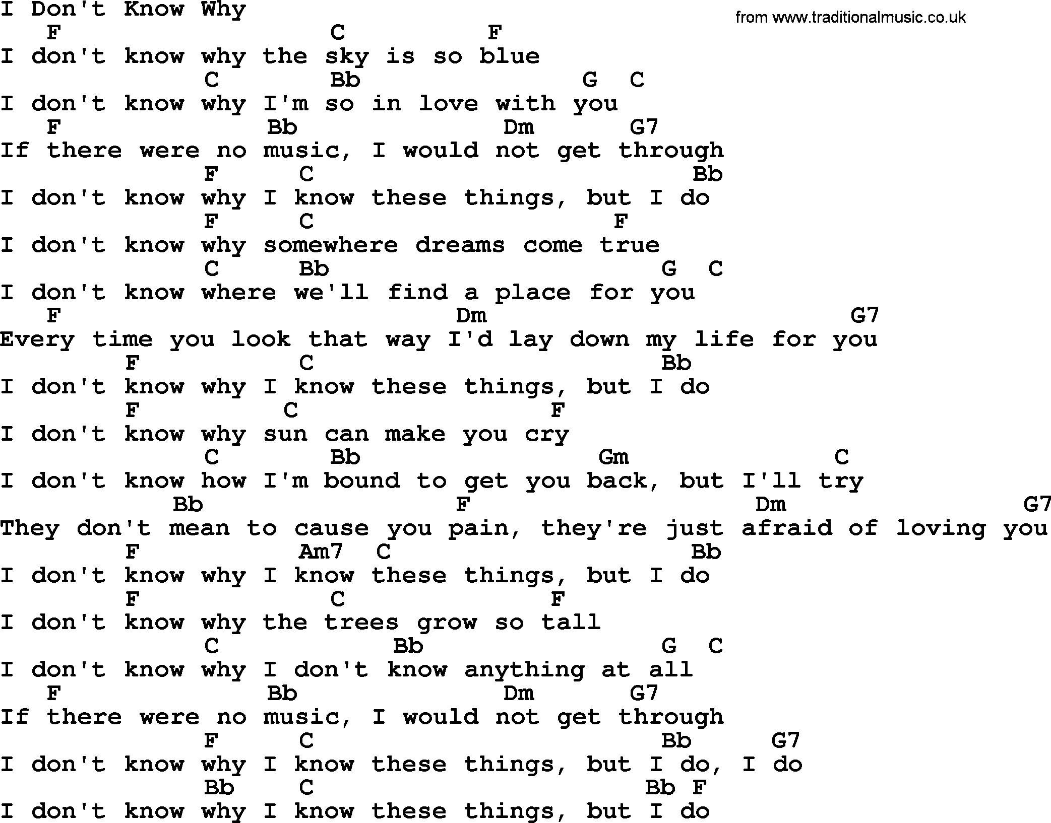 Bluegrass song: I Don't Know Why, lyrics and chords
