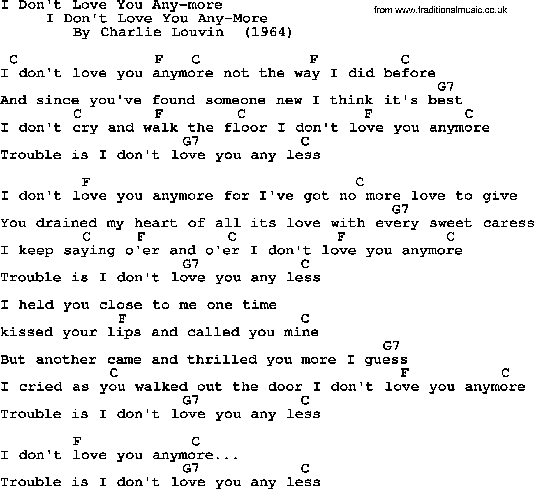 Bluegrass song: I Don't Love You Any-More, lyrics and chords