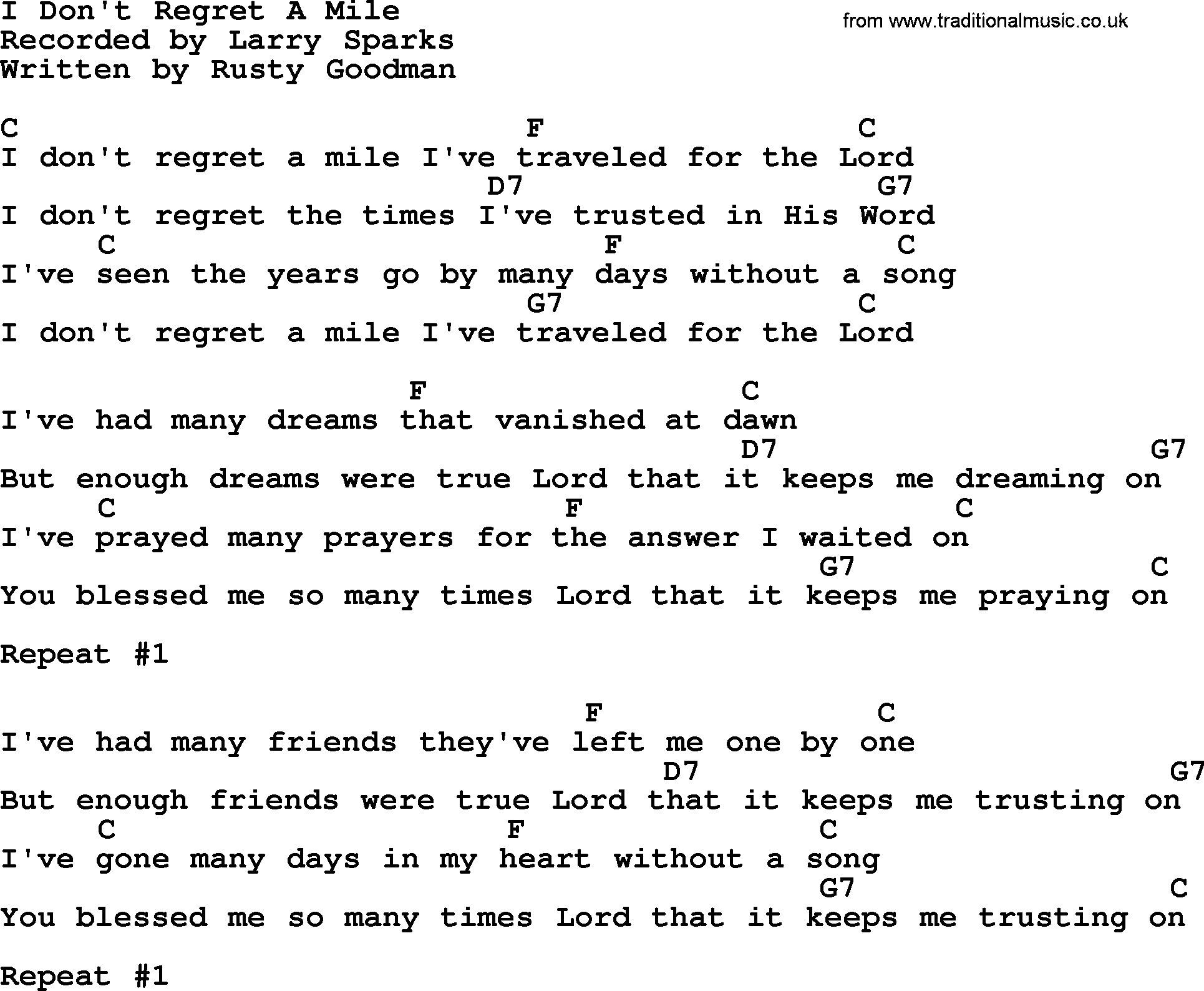 Bluegrass song: I Don't Regret A Mile, lyrics and chords