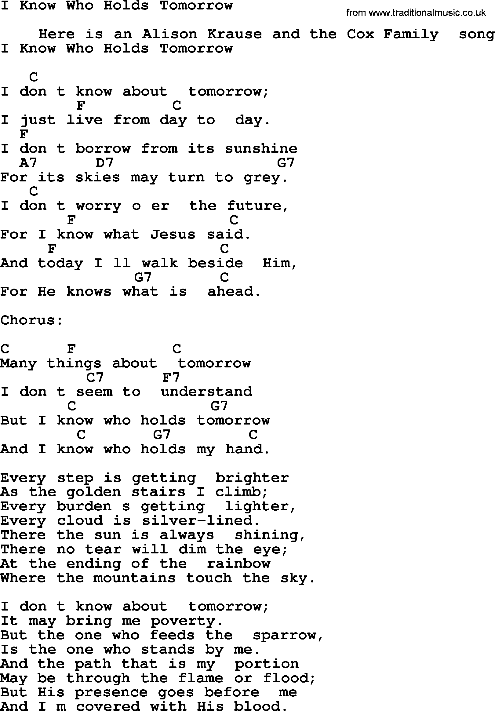 Bluegrass song: I Know Who Holds Tomorrow, lyrics and chords