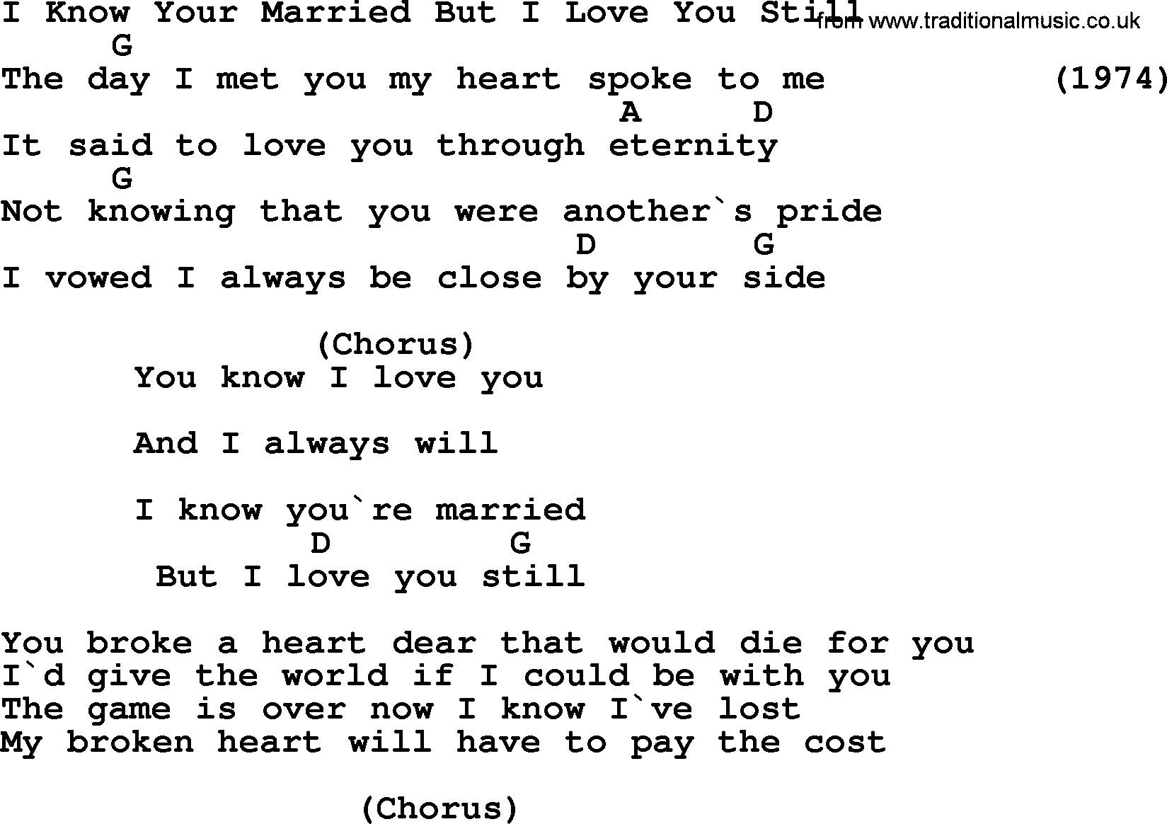 Bluegrass song: I Know Your Married But I Love You Still, lyrics and chords