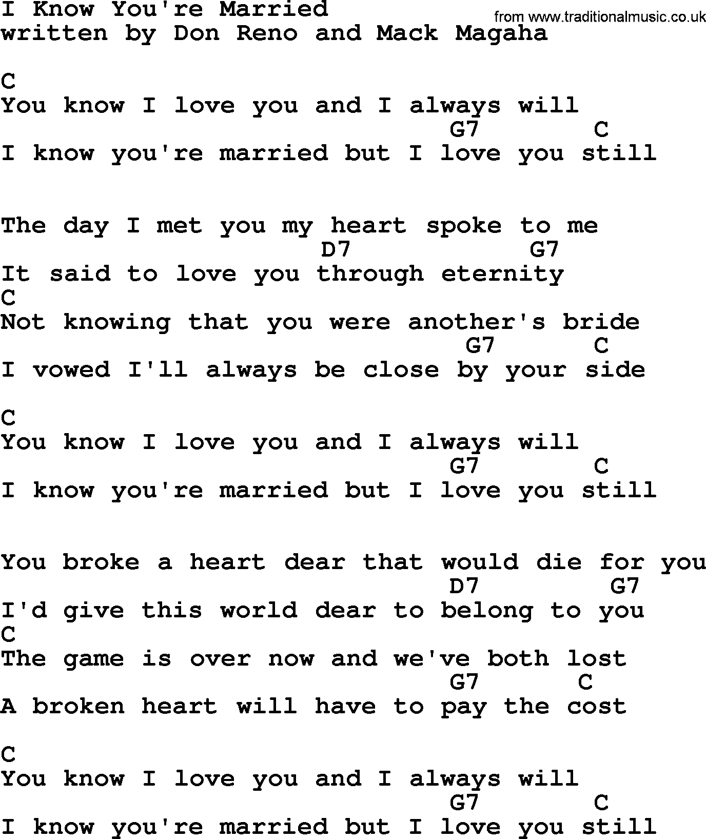 Bluegrass song: I Know You're Married, lyrics and chords