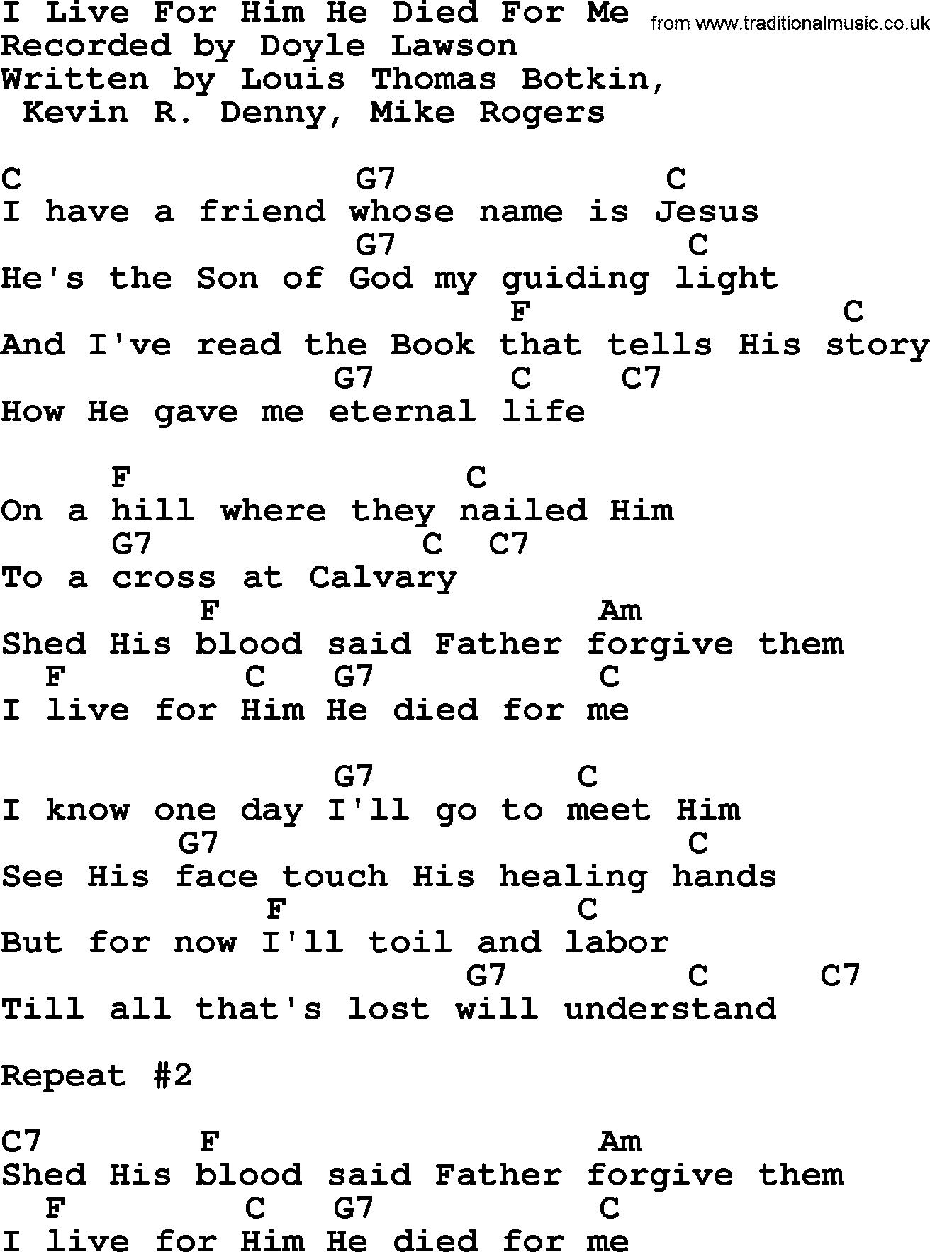 Bluegrass song: I Live For Him He Died For Me, lyrics and chords