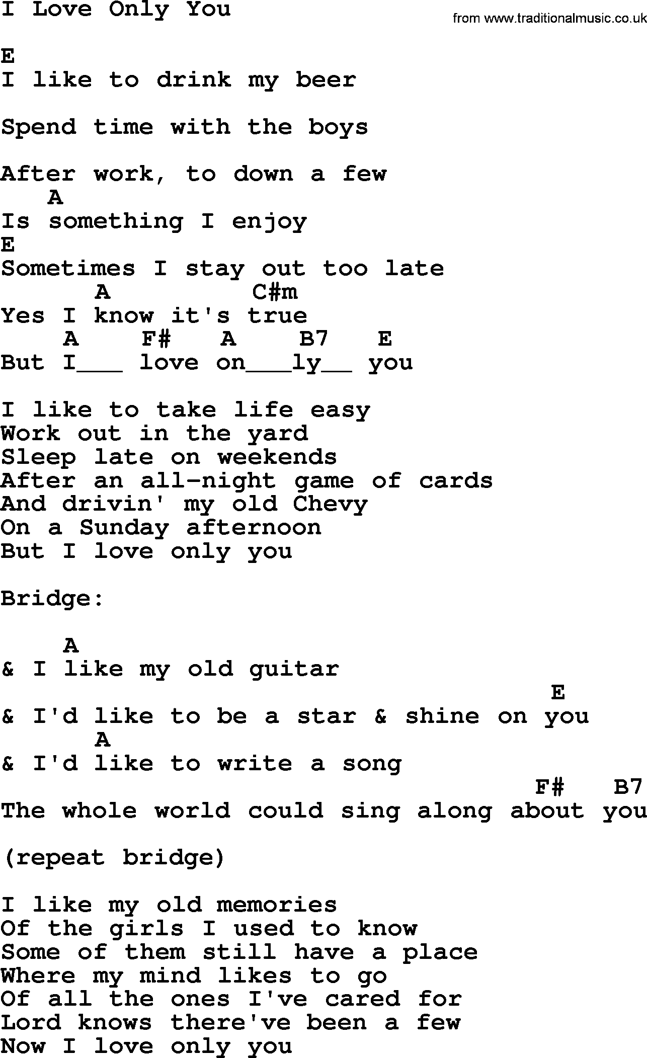 Bluegrass song: I Love Only You, lyrics and chords