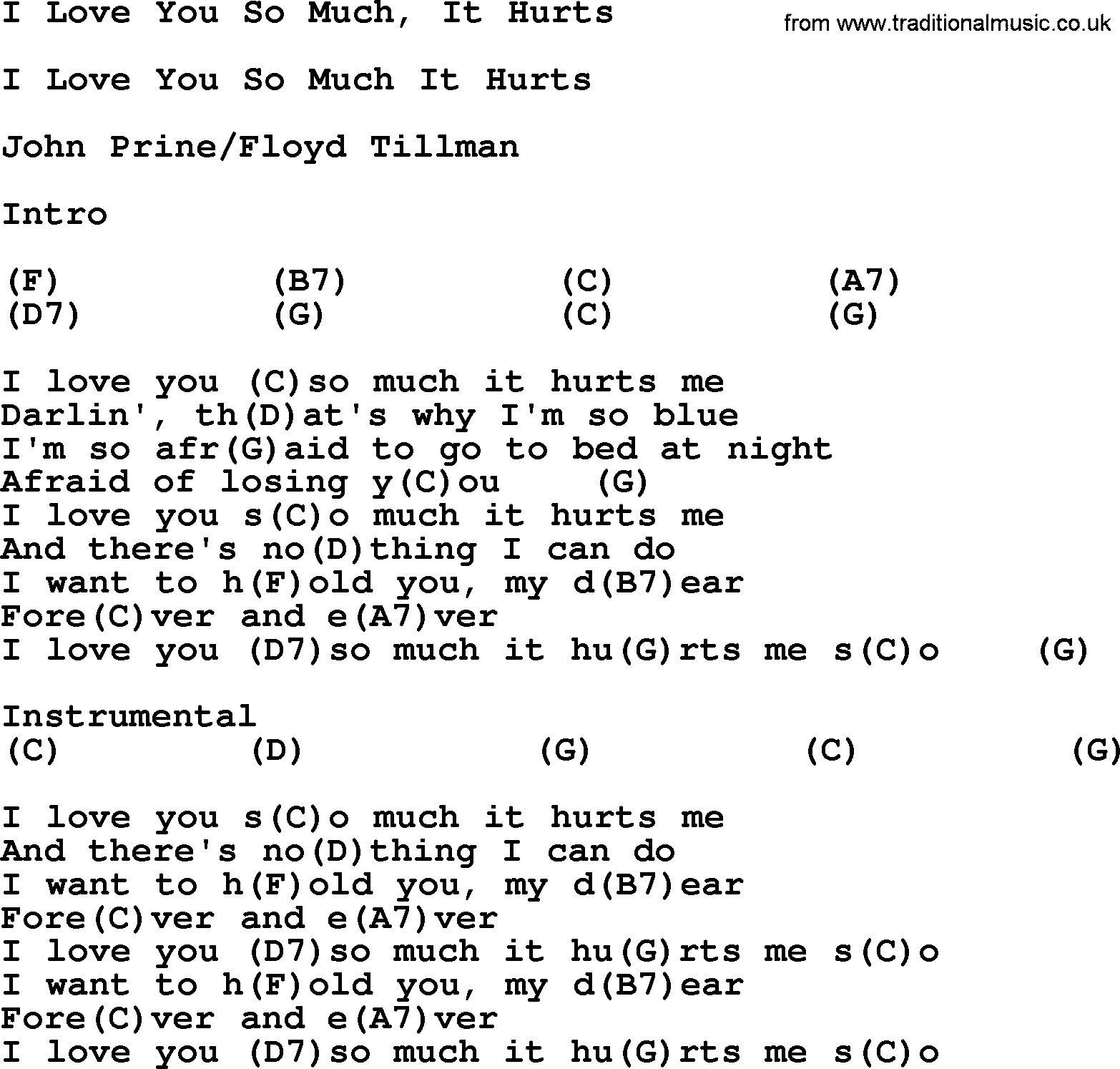 Bluegrass song: I Love You So Much, It Hurts, lyrics and chords
