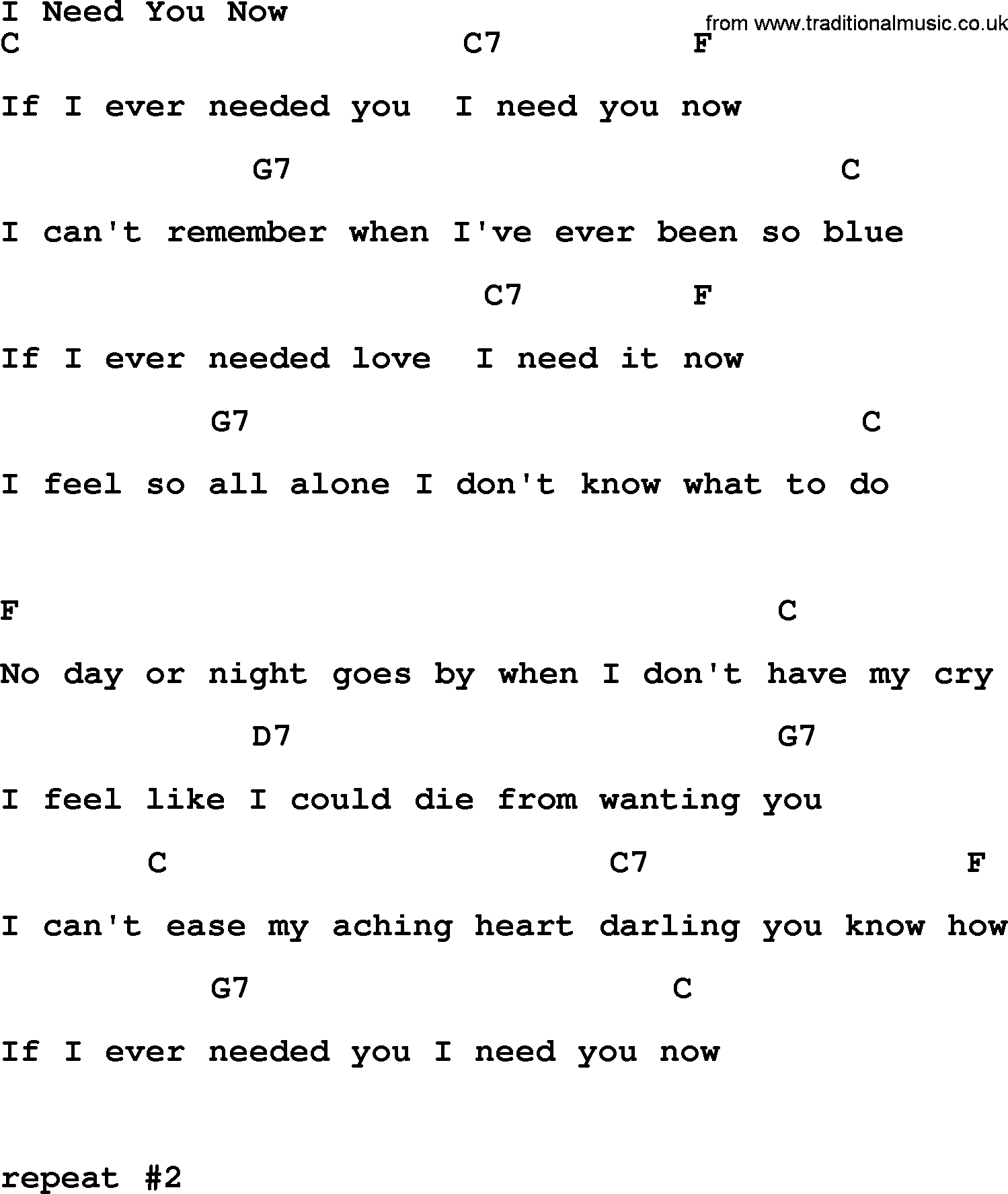 Bluegrass song: I Need You Now, lyrics and chords