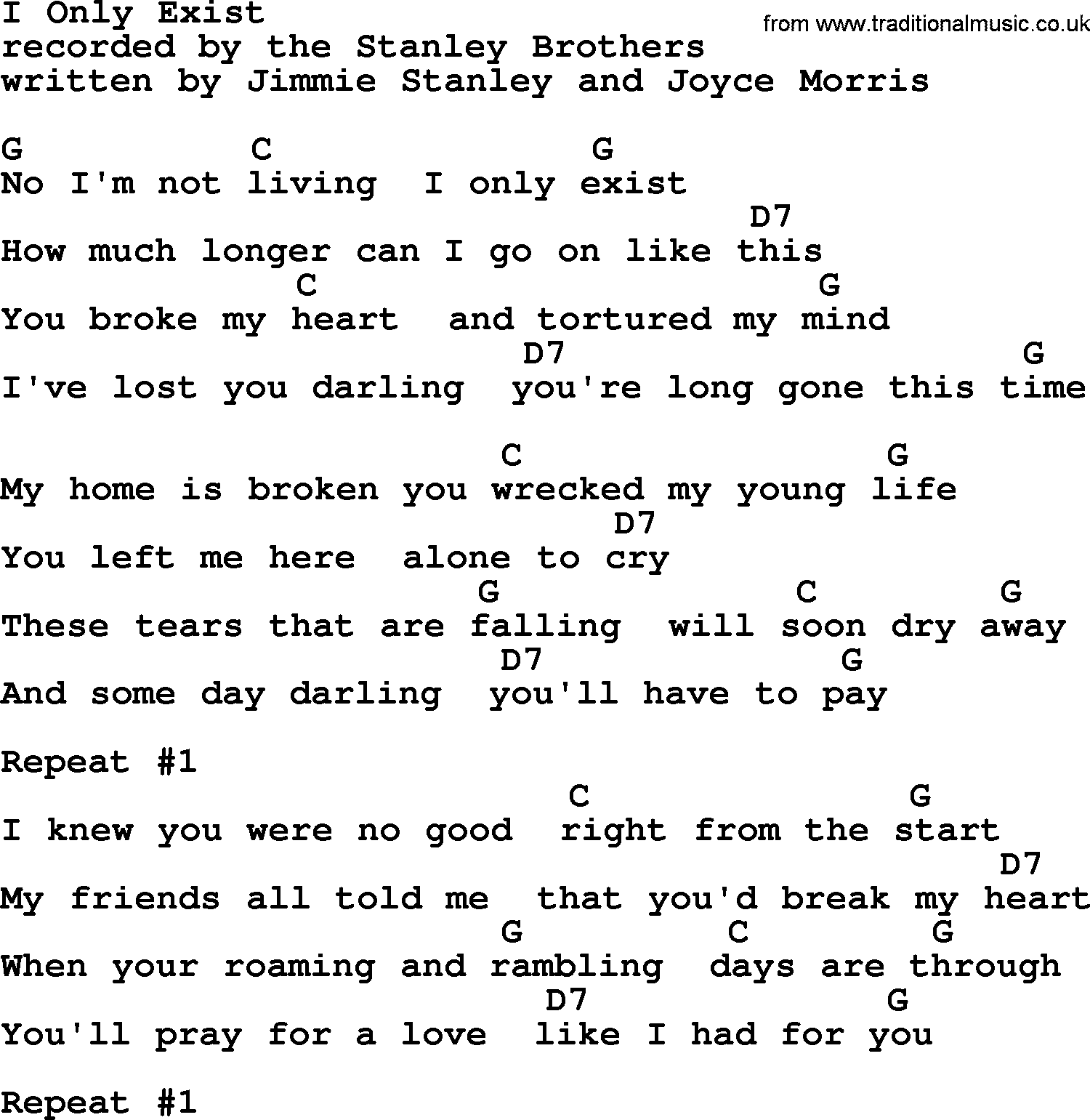 Bluegrass song: I Only Exist, lyrics and chords