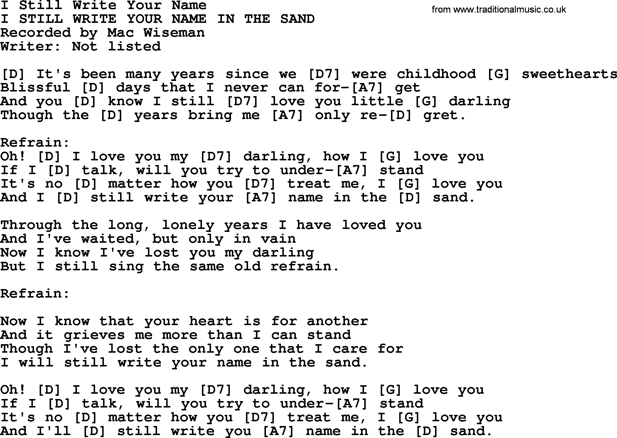Bluegrass song: I Still Write Your Name, lyrics and chords