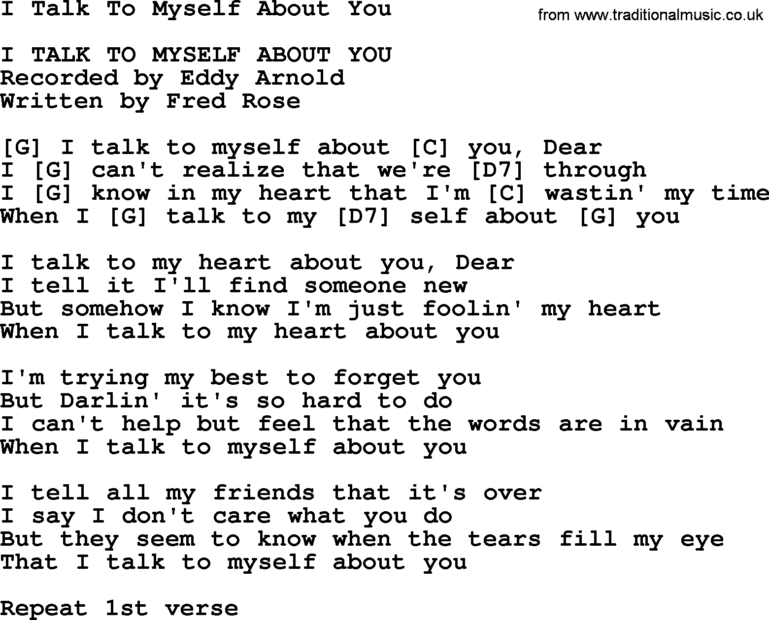 Bluegrass song: I Talk To Myself About You, lyrics and chords