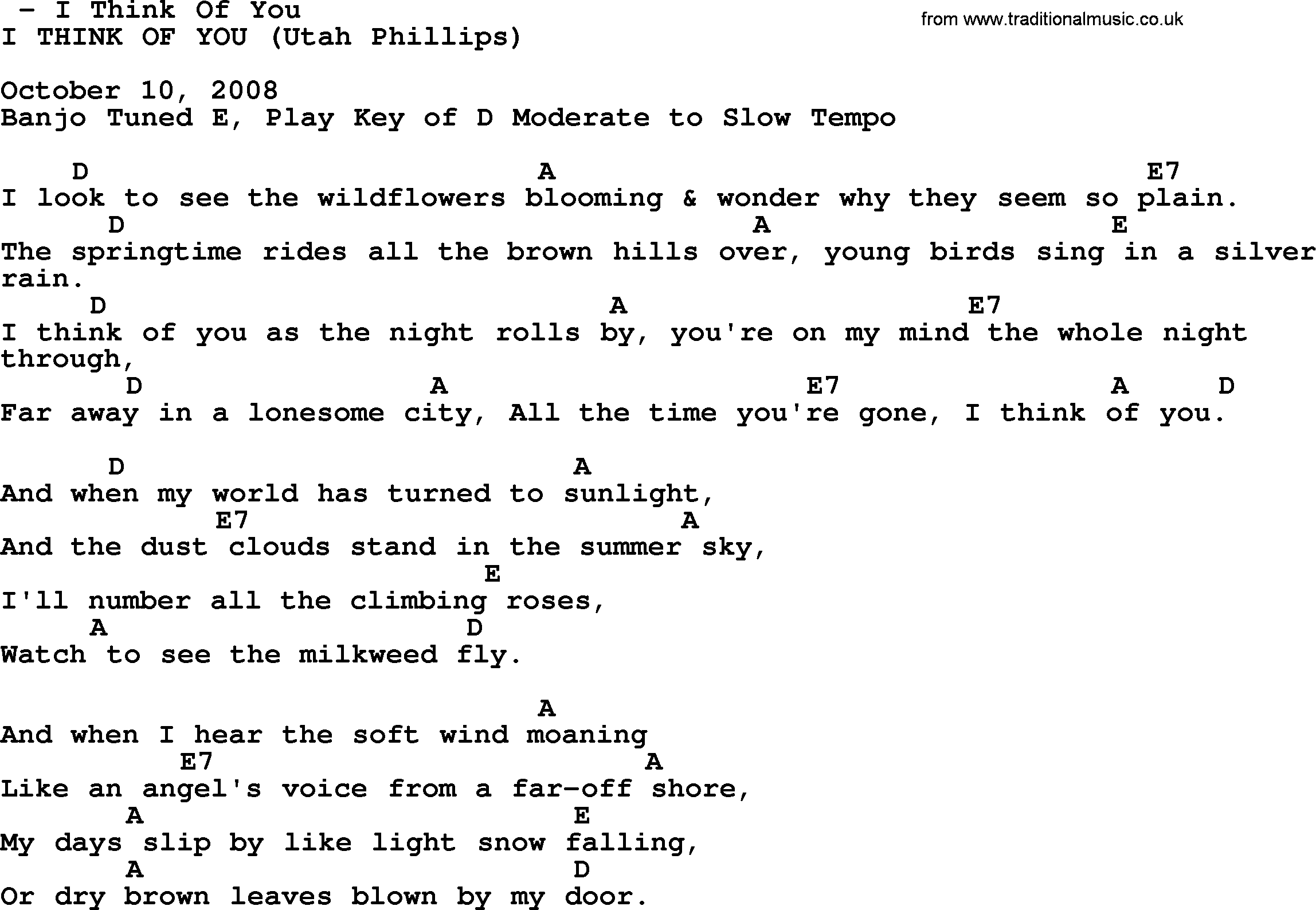 Bluegrass song: I Think Of You, lyrics and chords