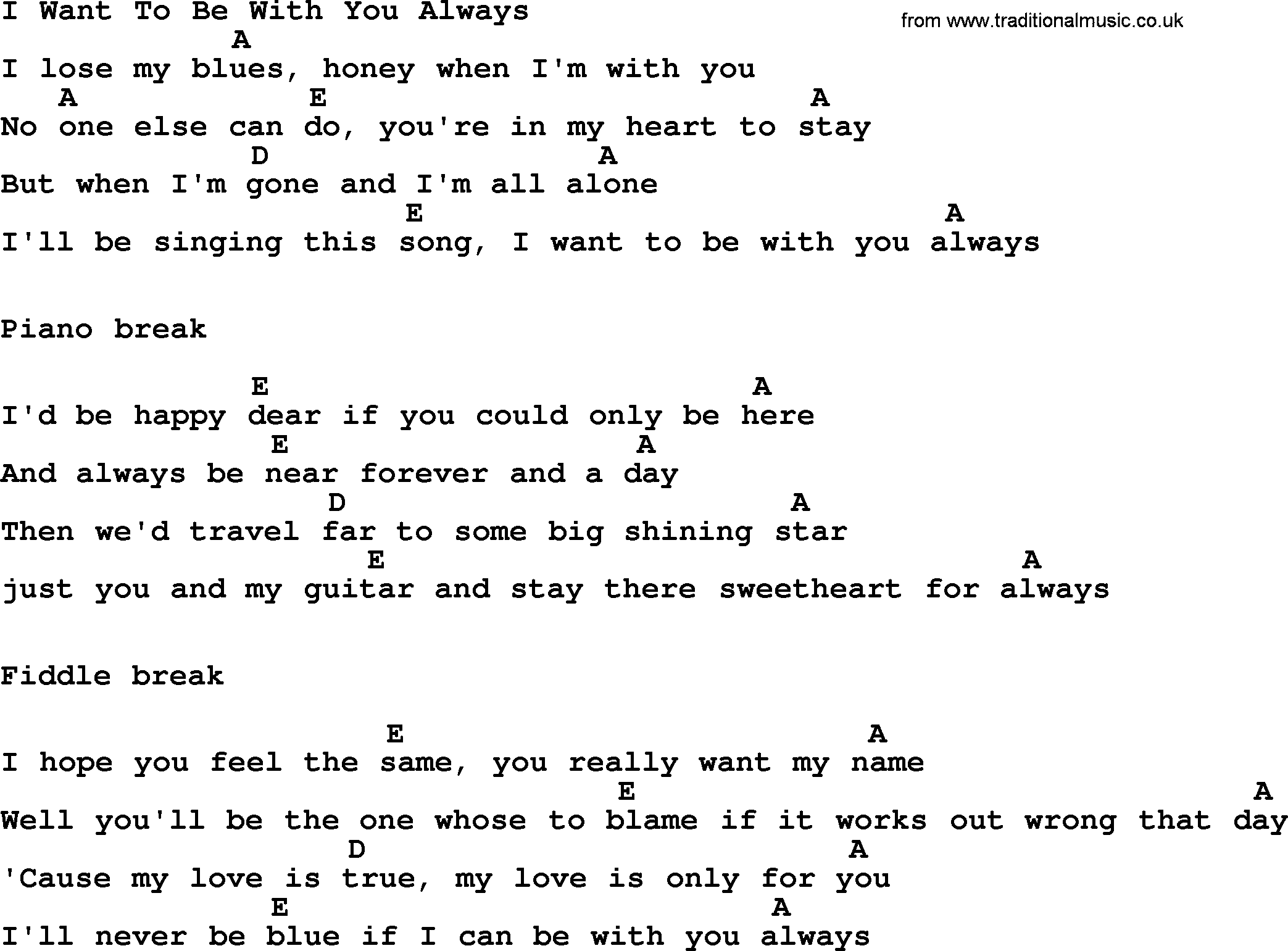 Bluegrass song: I Want To Be With You Always, lyrics and chords