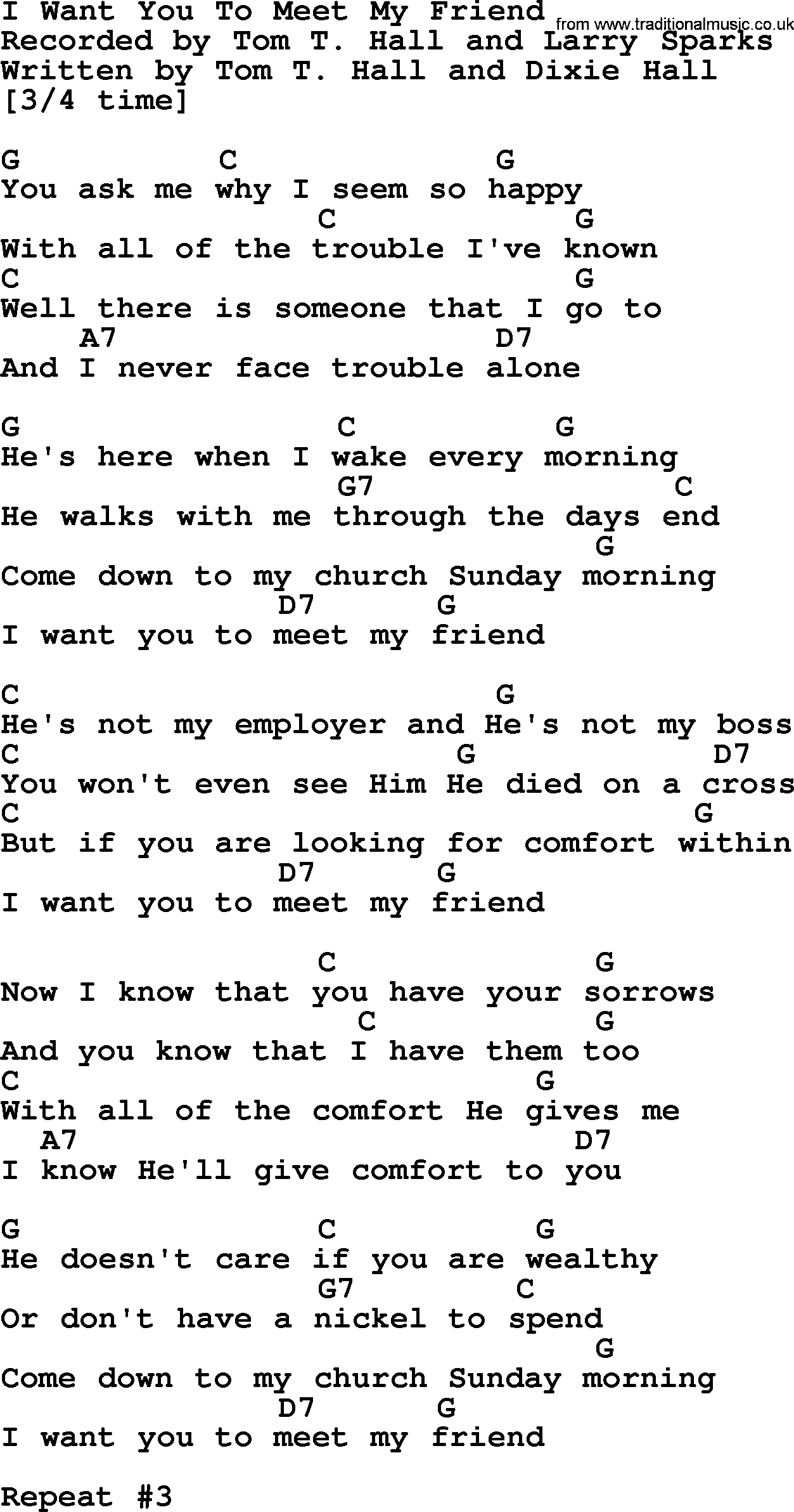 Bluegrass song: I Want You To Meet My Friend, lyrics and chords