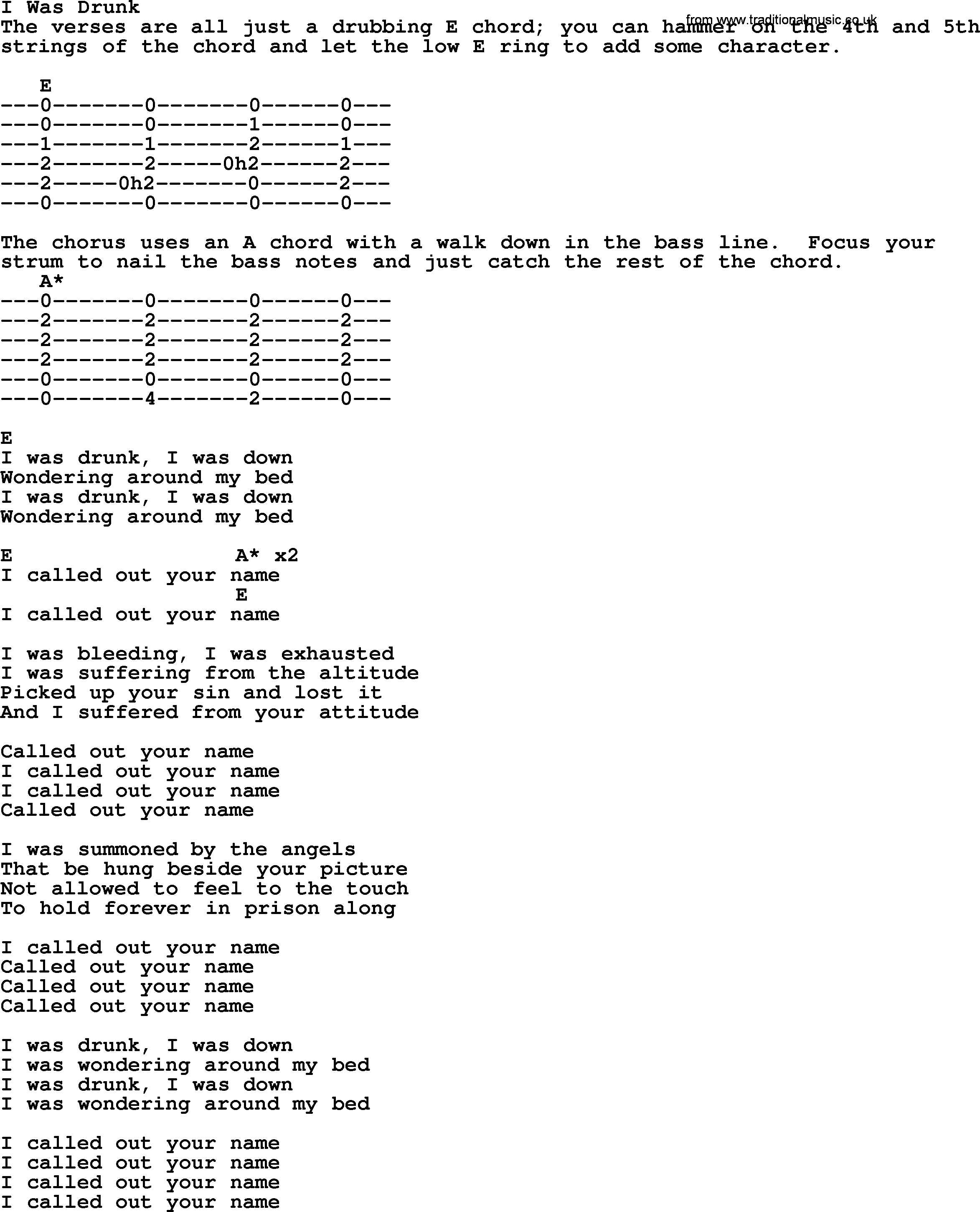 Bluegrass song: I Was Drunk, lyrics and chords