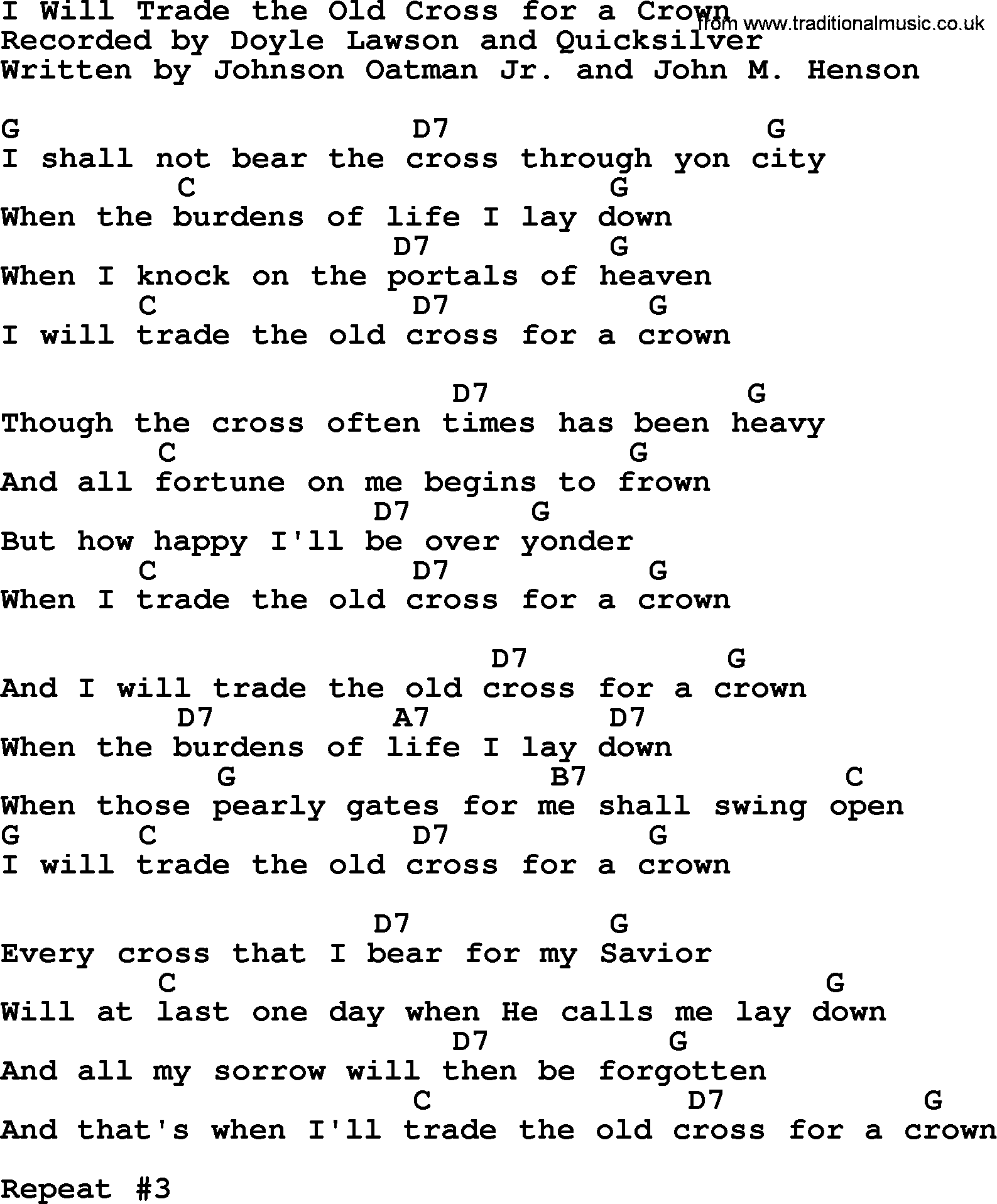 Bluegrass song: I Will Trade The Old Cross For A Crown, lyrics and chords