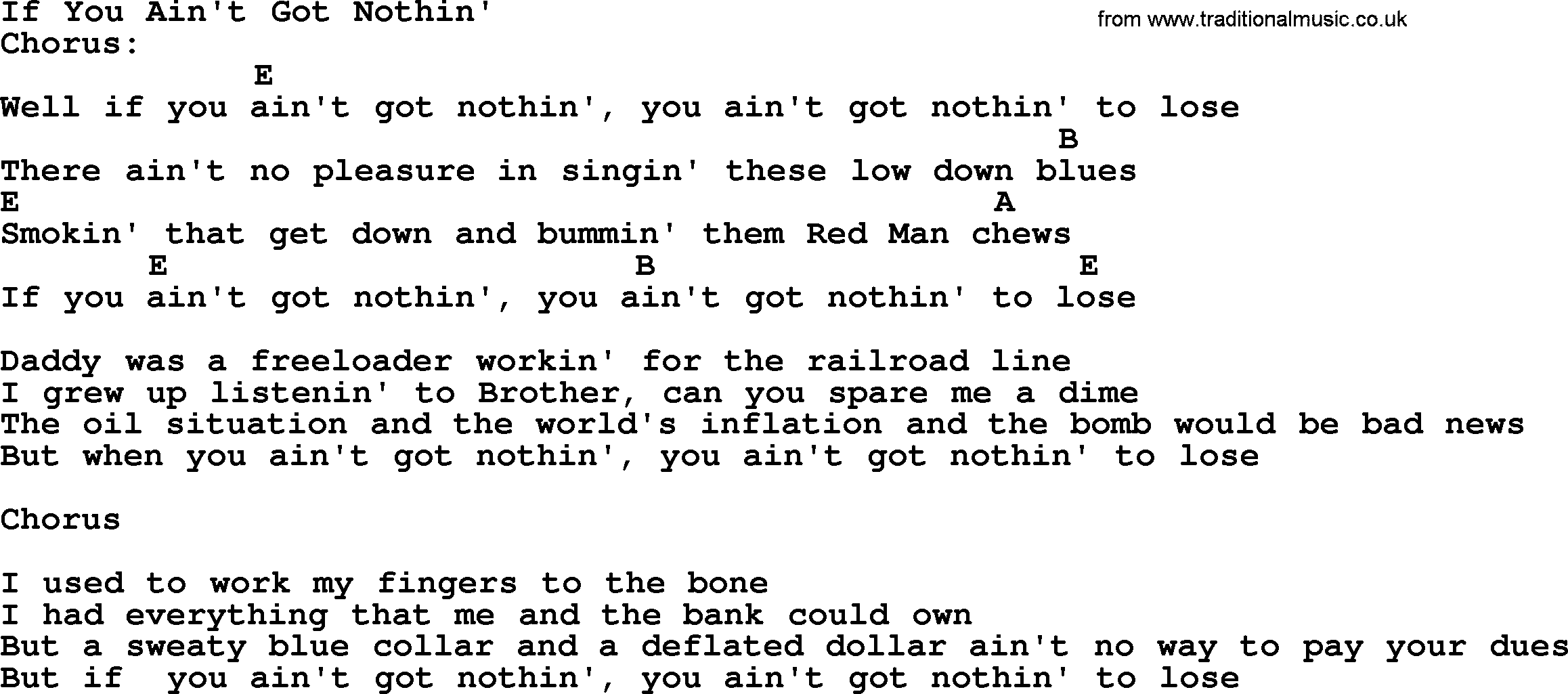 Bluegrass song: If You Ain't Got Nothin', lyrics and chords
