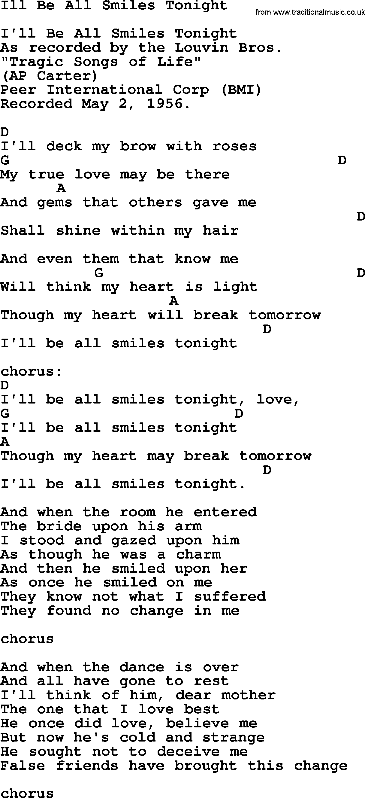 Bluegrass song: Ill Be All Smiles Tonight, lyrics and chords