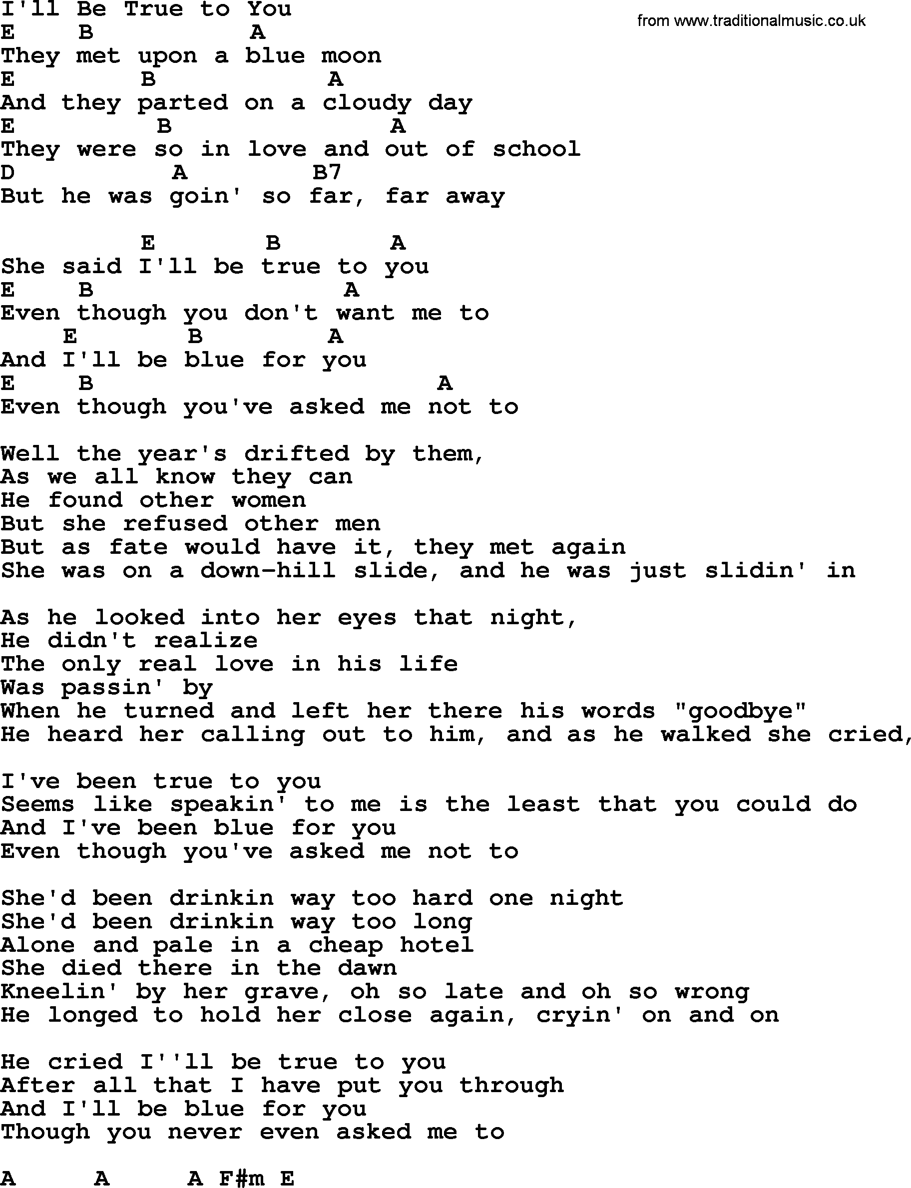 Bluegrass song: I'll Be True To You, lyrics and chords