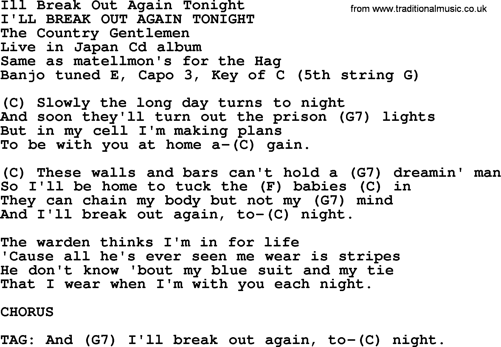 Bluegrass song: Ill Break Out Again Tonight, lyrics and chords
