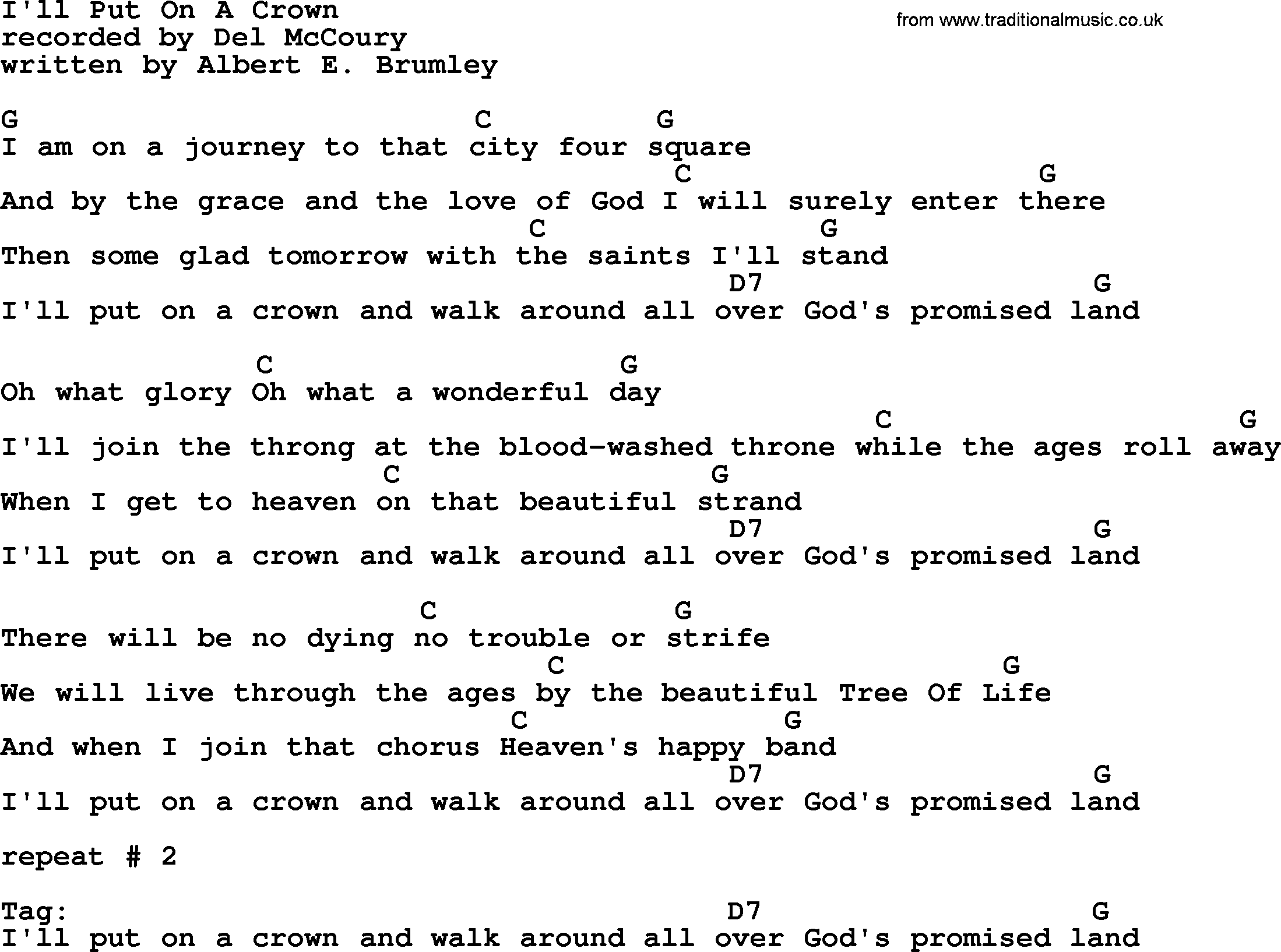 Bluegrass song: I'll Put On A Crown, lyrics and chords