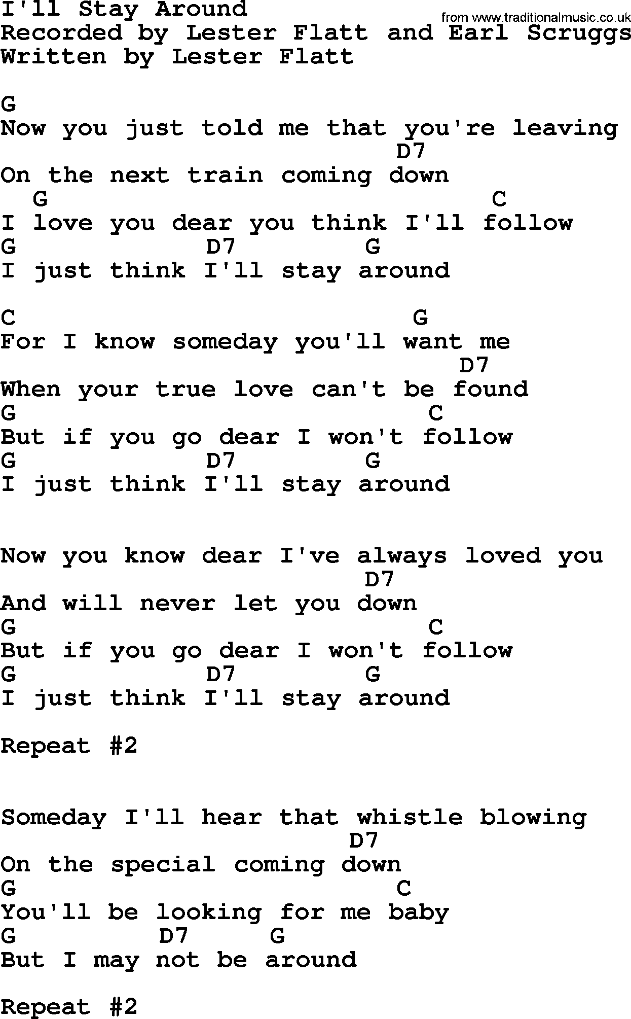 Bluegrass song: I'll Stay Around, lyrics and chords