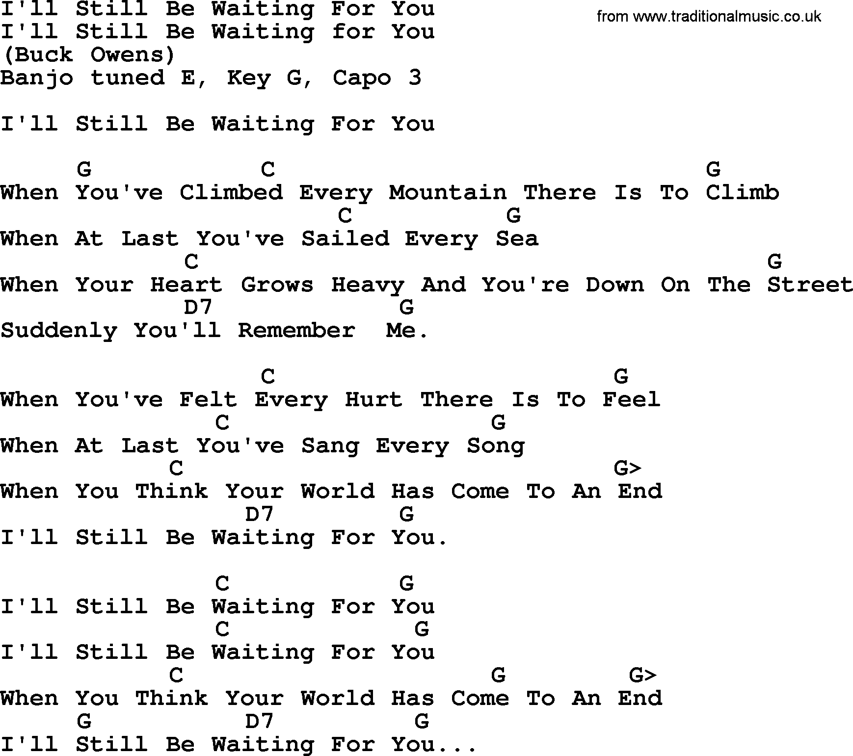 Bluegrass song: I'll Still Be Waiting For You, lyrics and chords