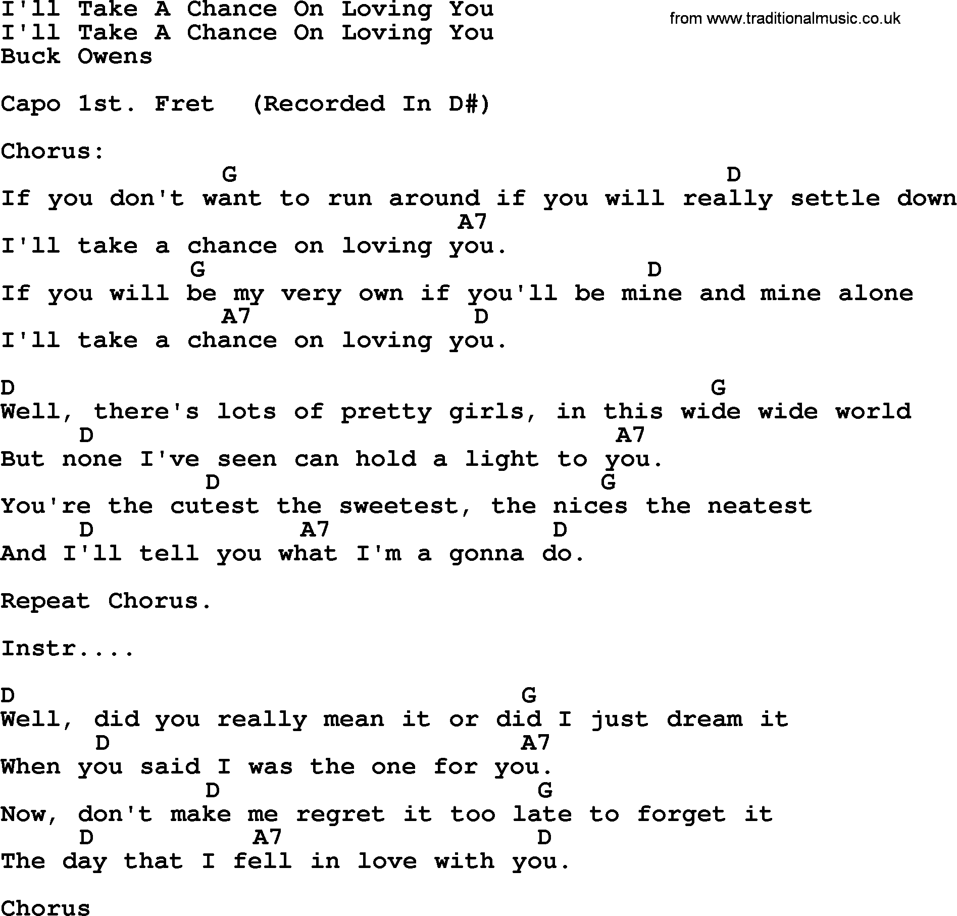 Bluegrass song: I'll Take A Chance On Loving You, lyrics and chords
