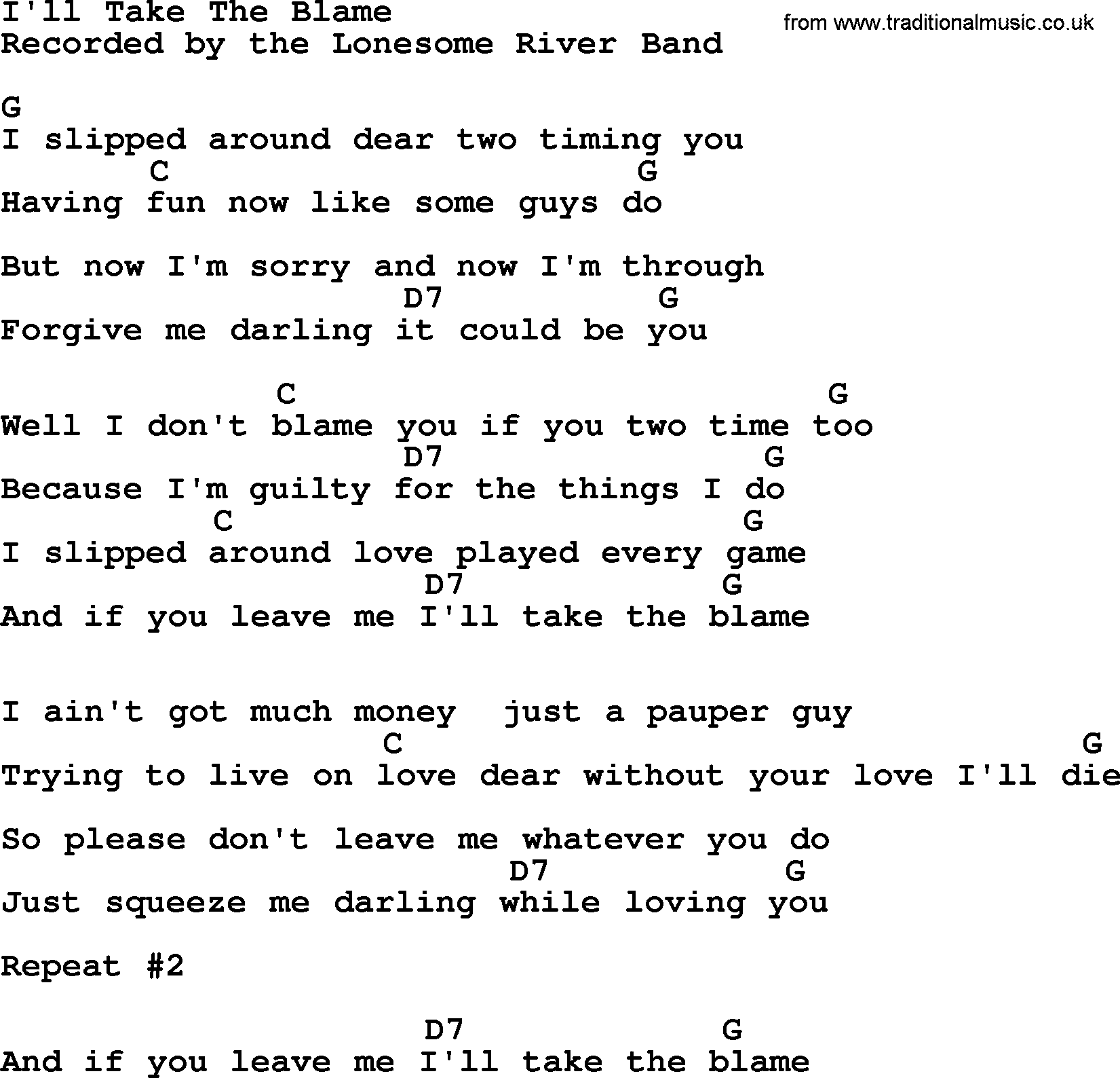 Bluegrass song: I'll Take The Blame, lyrics and chords