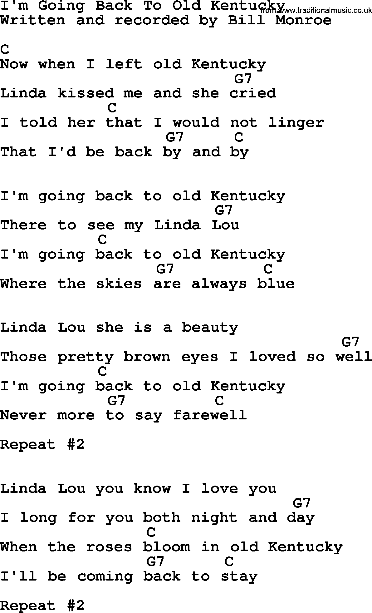 Bluegrass song: I'm Going Back To Old Kentucky, lyrics and chords