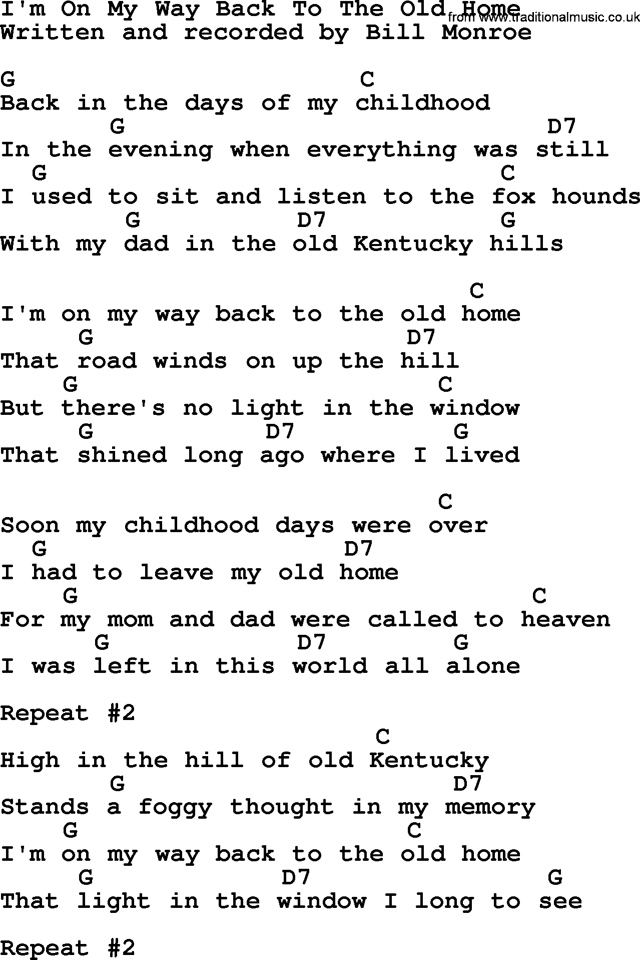 Bluegrass song: I'm On My Way Back To The Old Home, lyrics and chords
