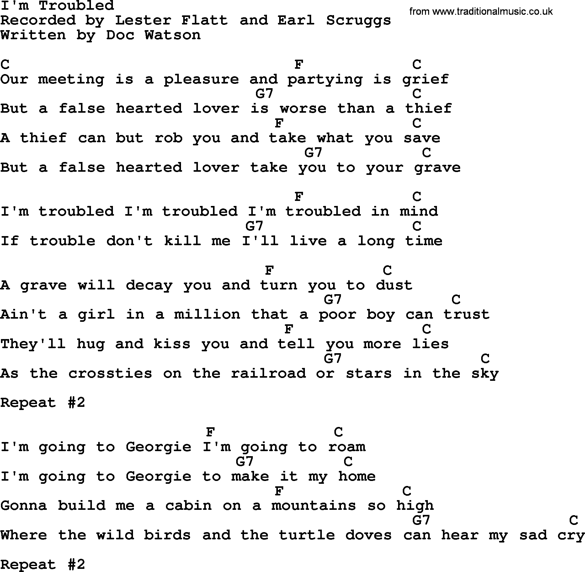Bluegrass song: I'm Troubled, lyrics and chords