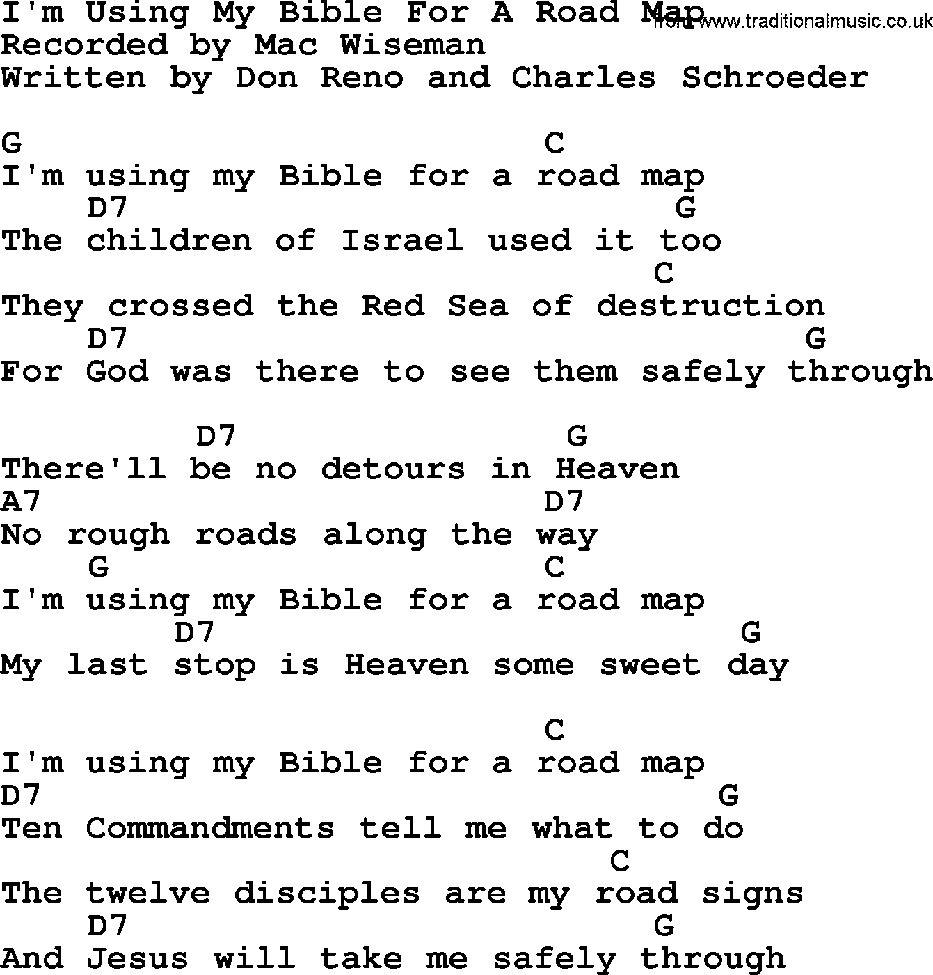 Bluegrass song: I'm Using My Bible For A Road Map, lyrics and chords