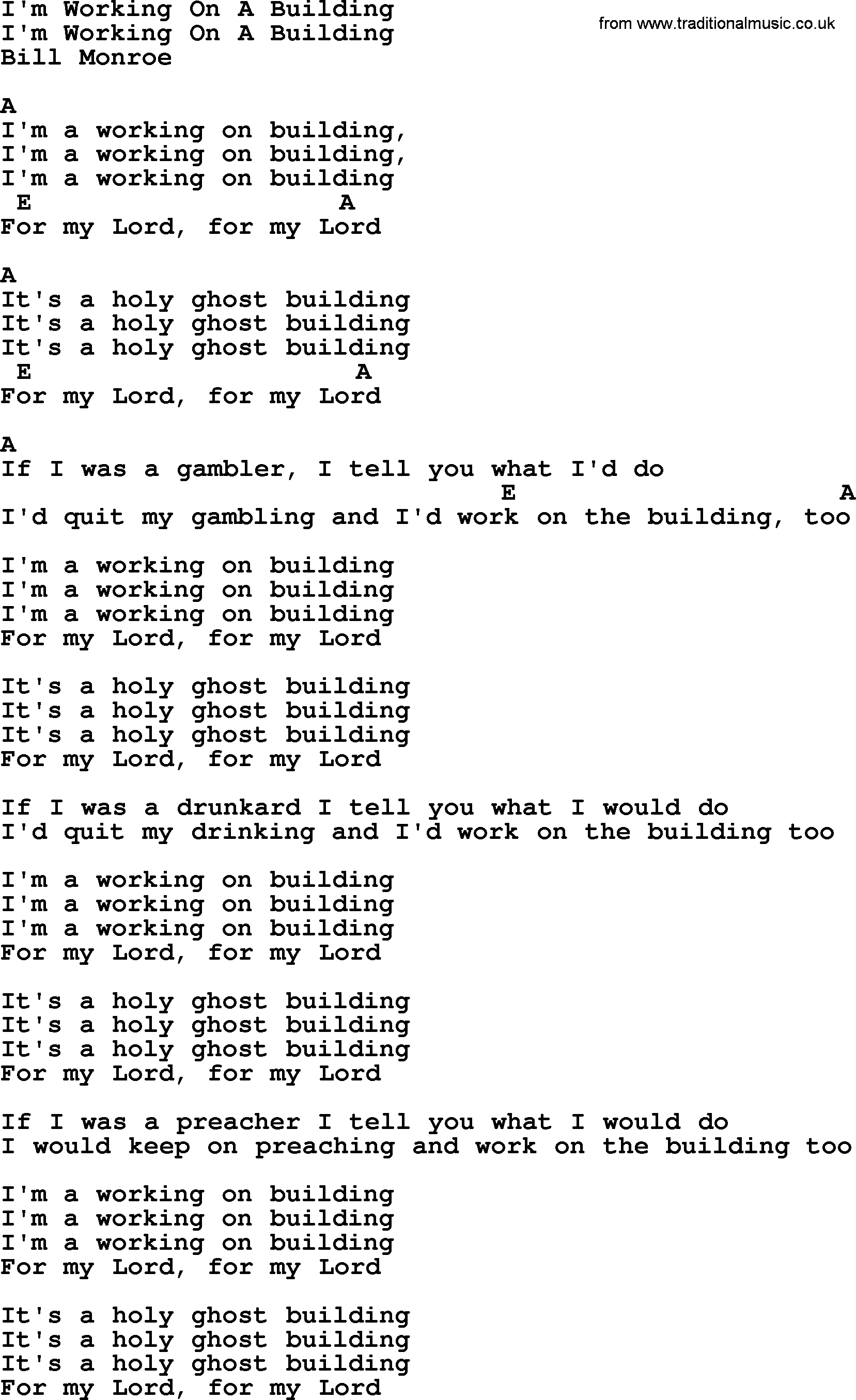 Bluegrass song: I'm Working On A Building, lyrics and chords