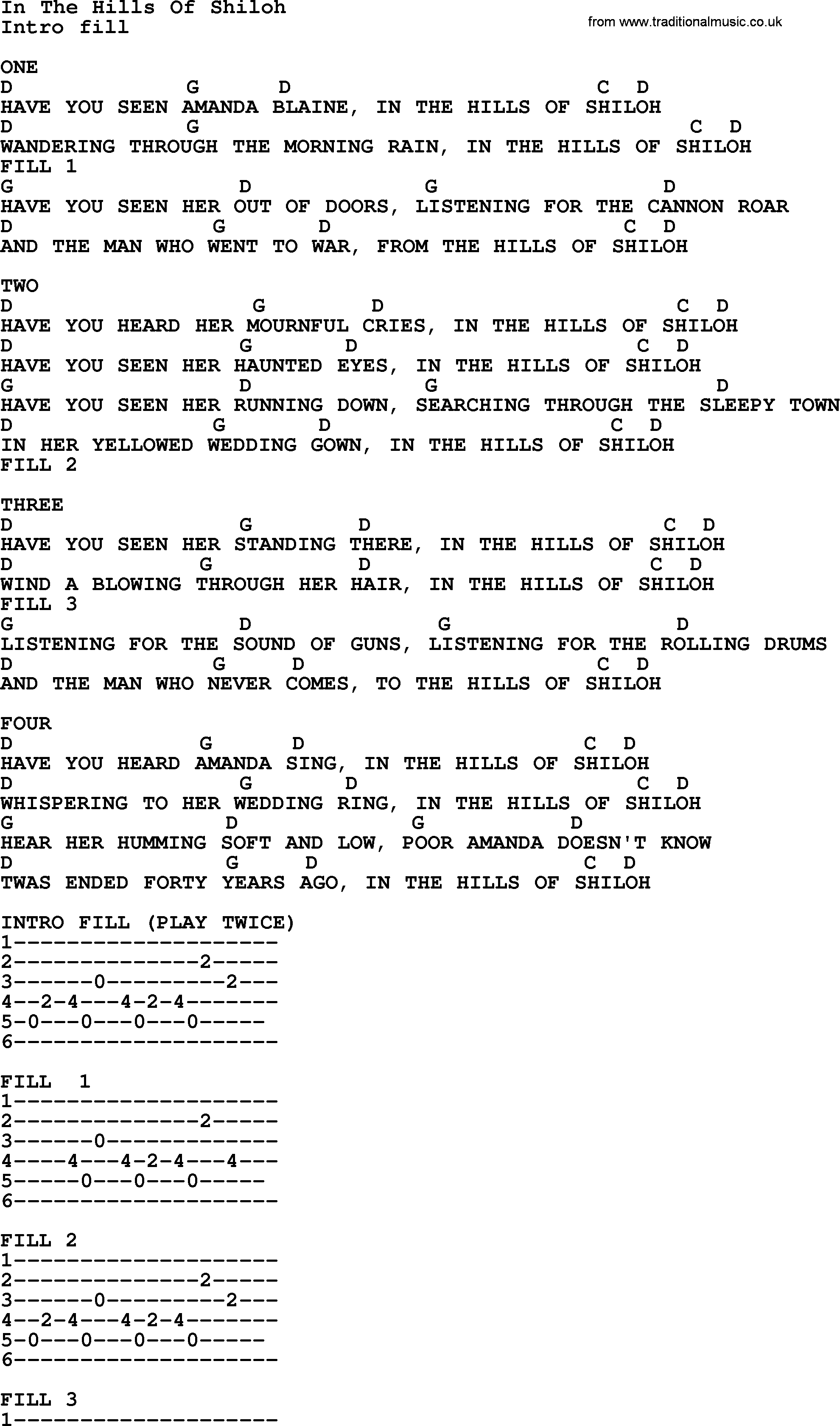 Bluegrass song: In The Hills Of Shiloh, lyrics and chords