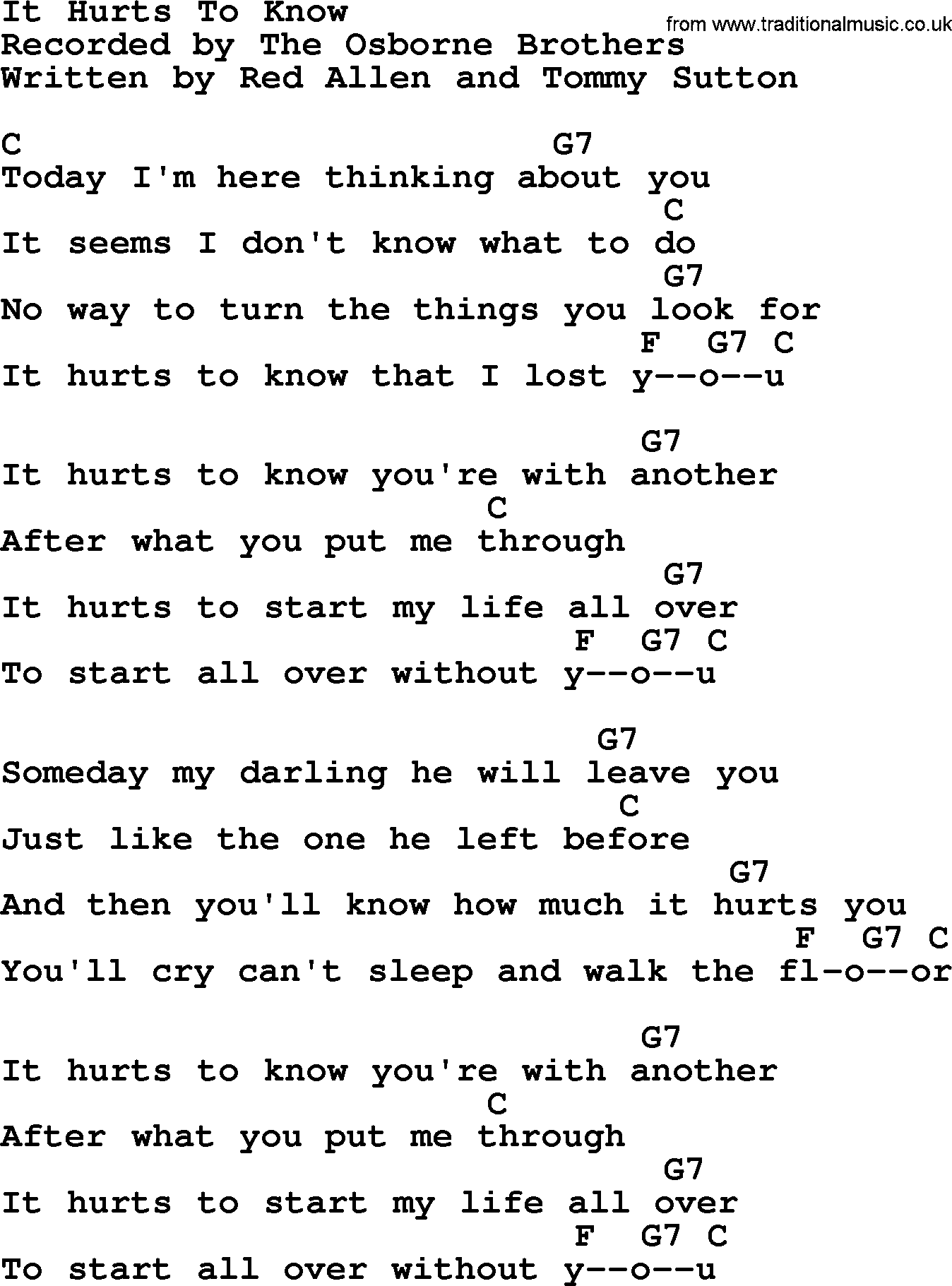 Bluegrass song: It Hurts To Know, lyrics and chords