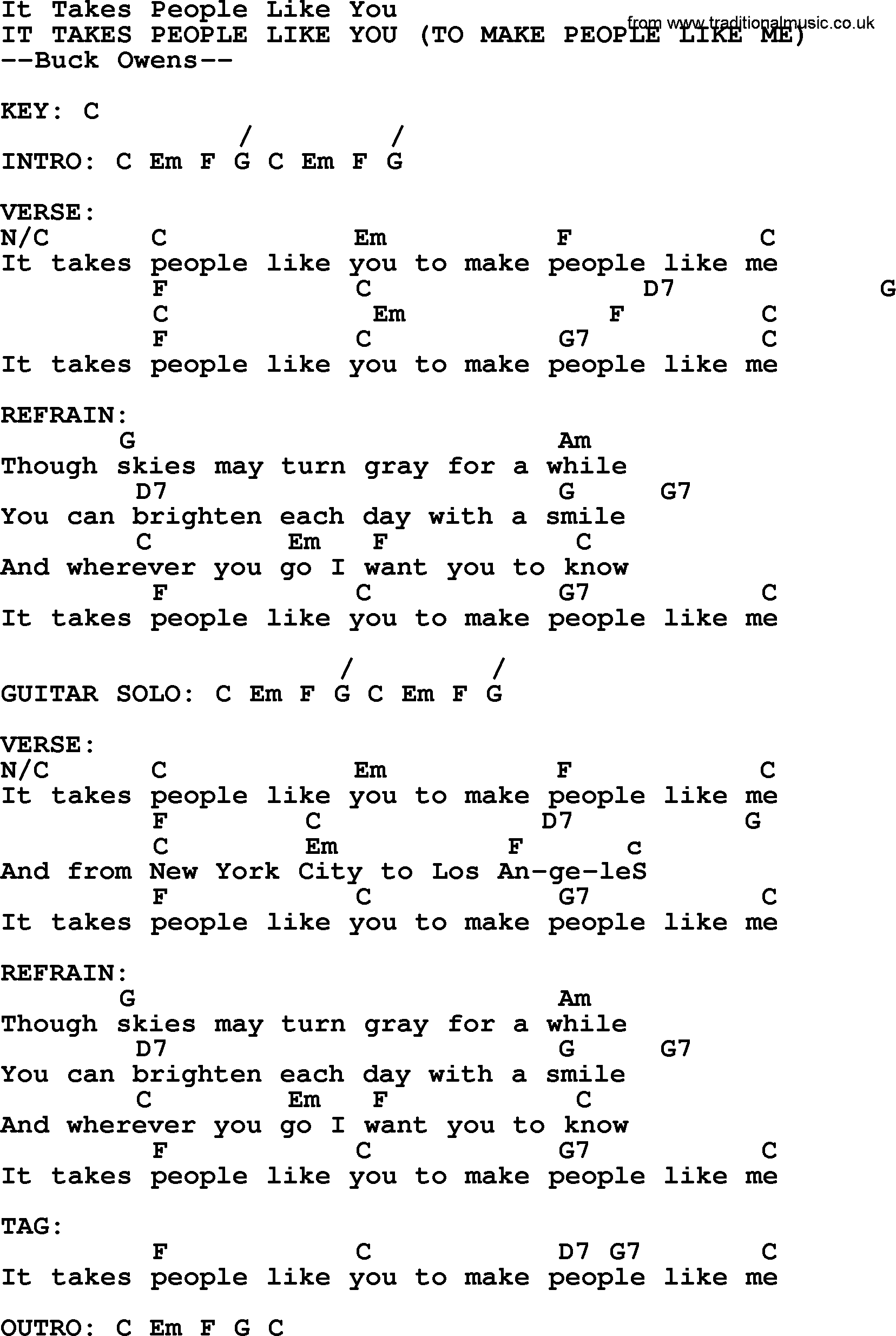 Bluegrass song: It Takes People Like You, lyrics and chords