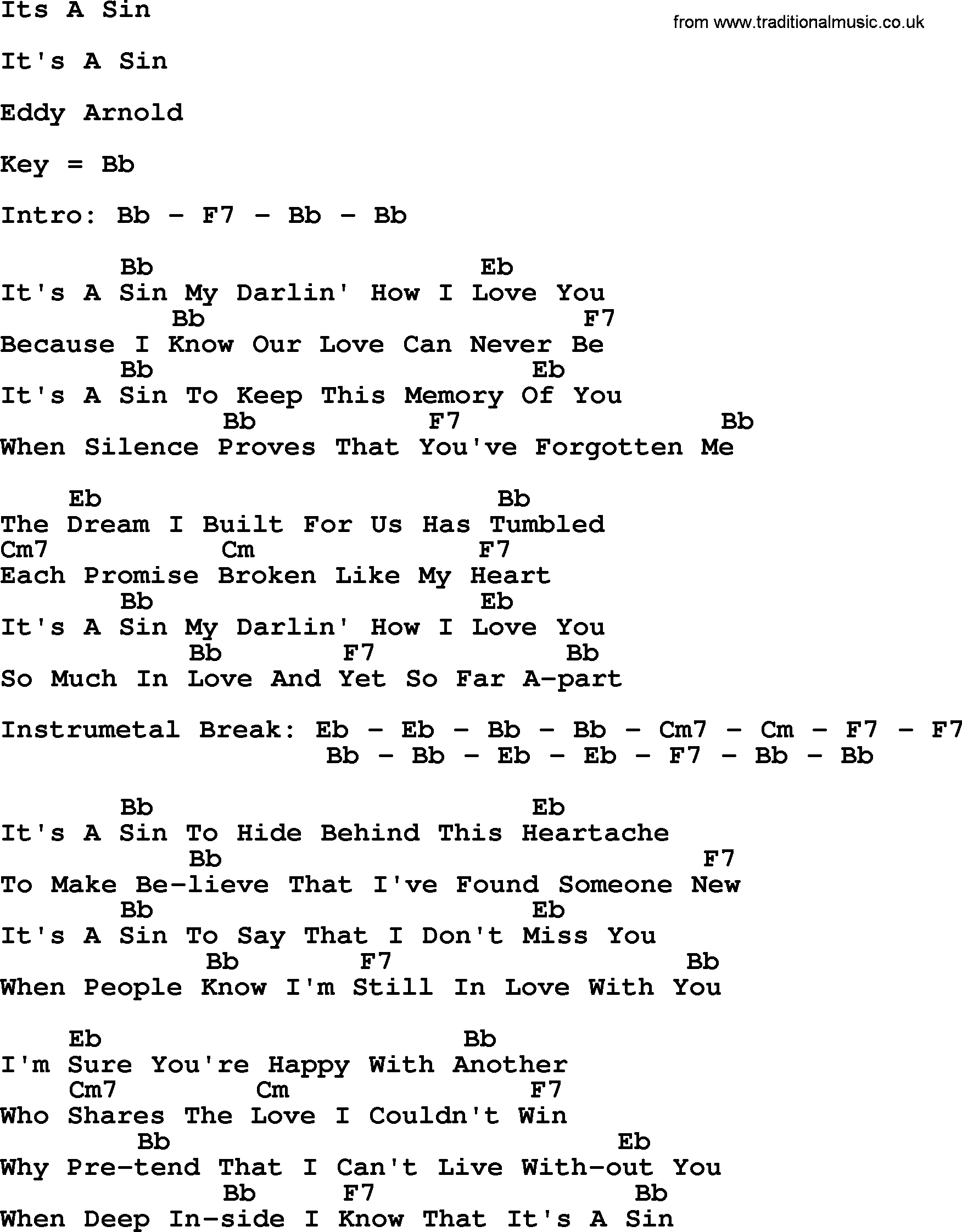 Bluegrass song: Its A Sin, lyrics and chords