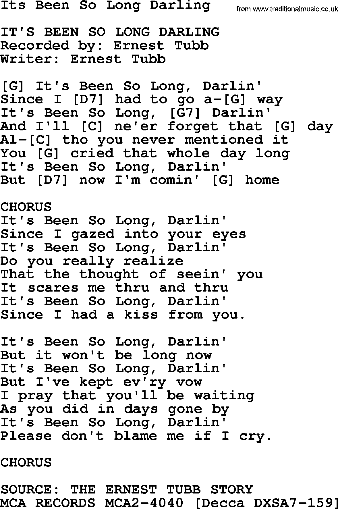 Bluegrass song: Its Been So Long Darling, lyrics and chords
