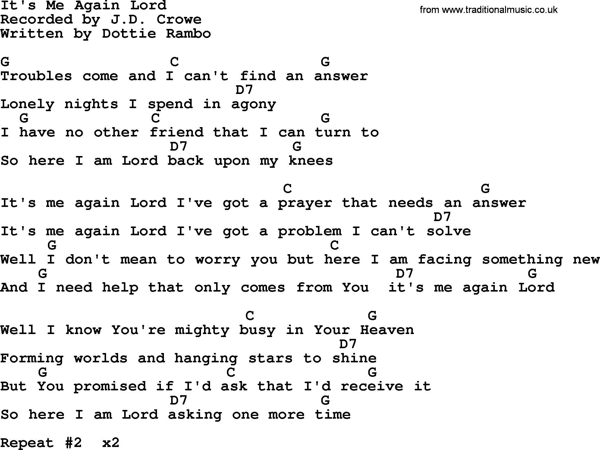 Bluegrass song: It's Me Again Lord, lyrics and chords