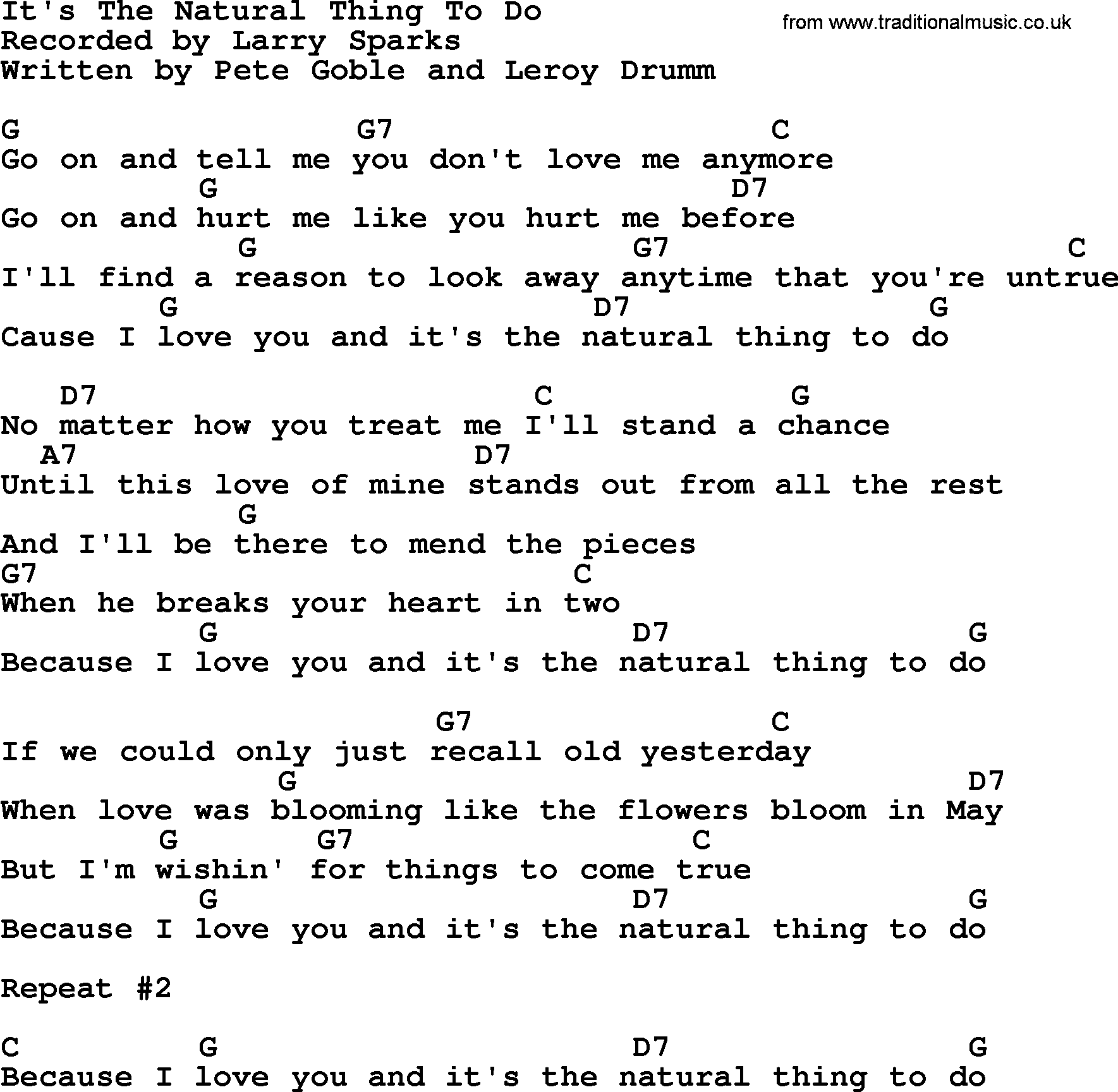 Bluegrass song: It's The Natural Thing To Do, lyrics and chords
