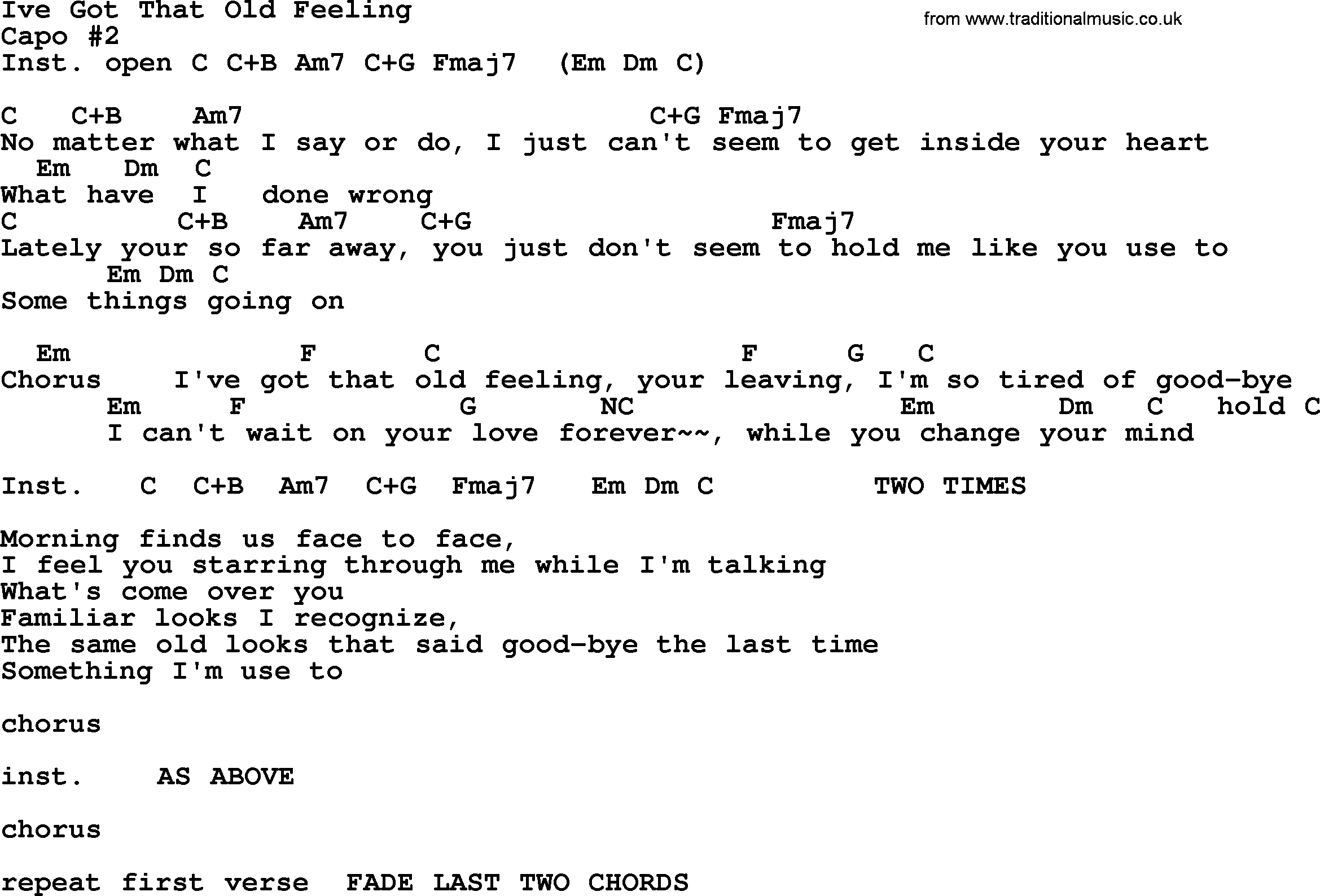 Bluegrass song: Ive Got That Old Feeling, lyrics and chords