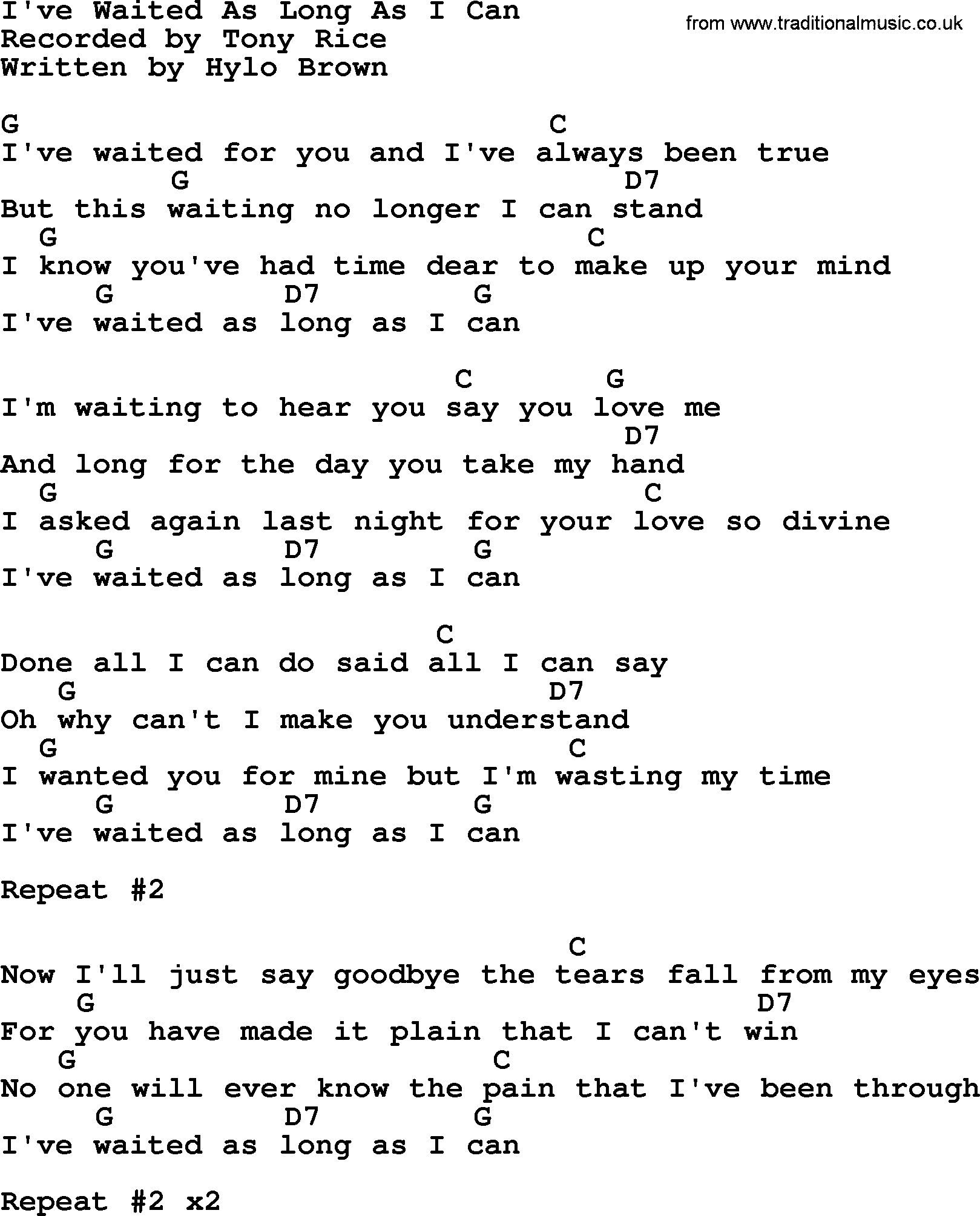Bluegrass song: I've Waited As Long As I Can, lyrics and chords