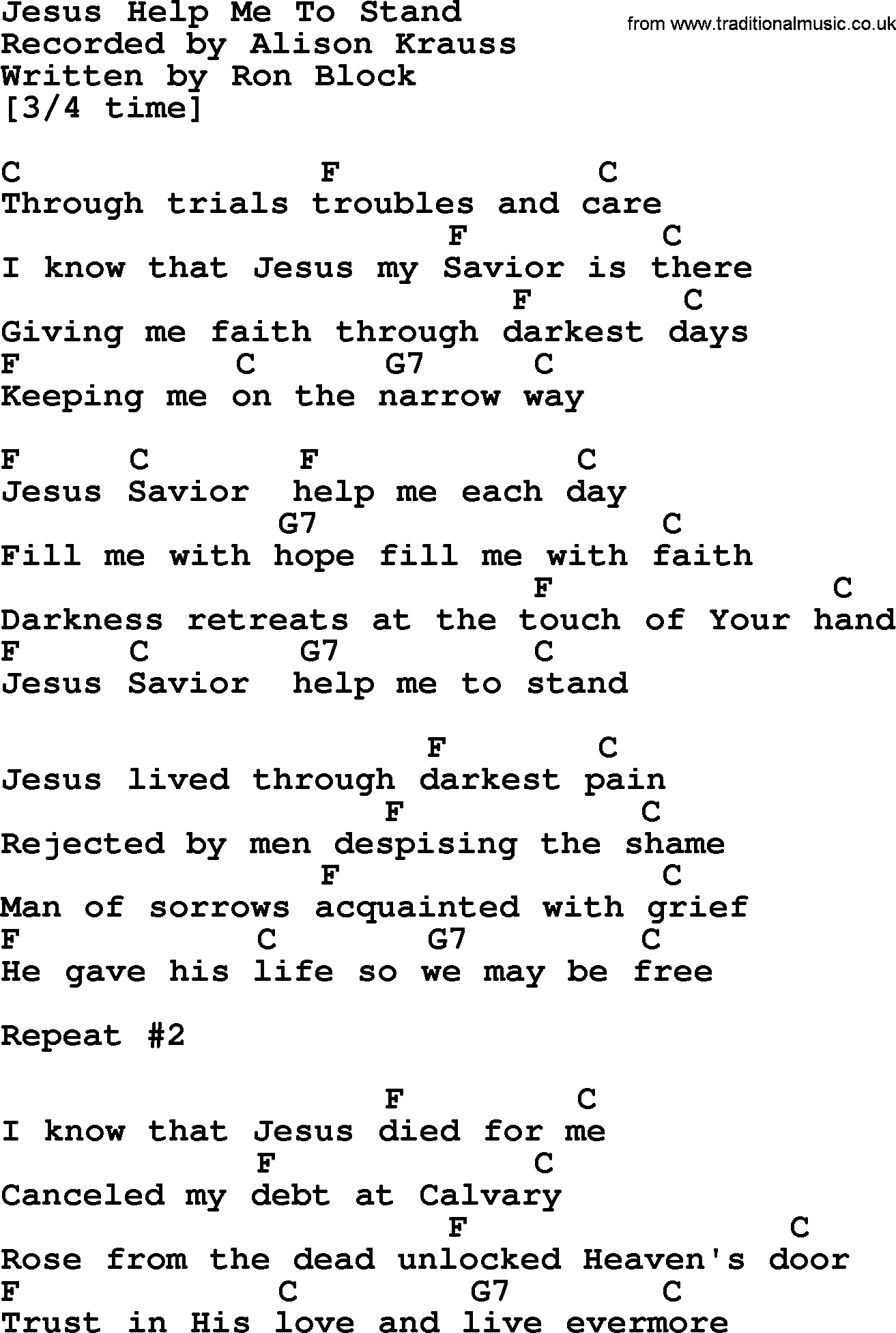 Bluegrass song: Jesus Help Me To Stand, lyrics and chords
