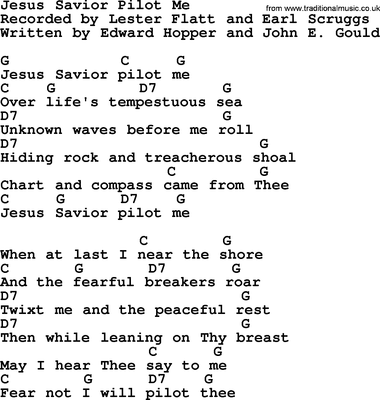 Bluegrass song: Jesus Savior Pilot Me, lyrics and chords