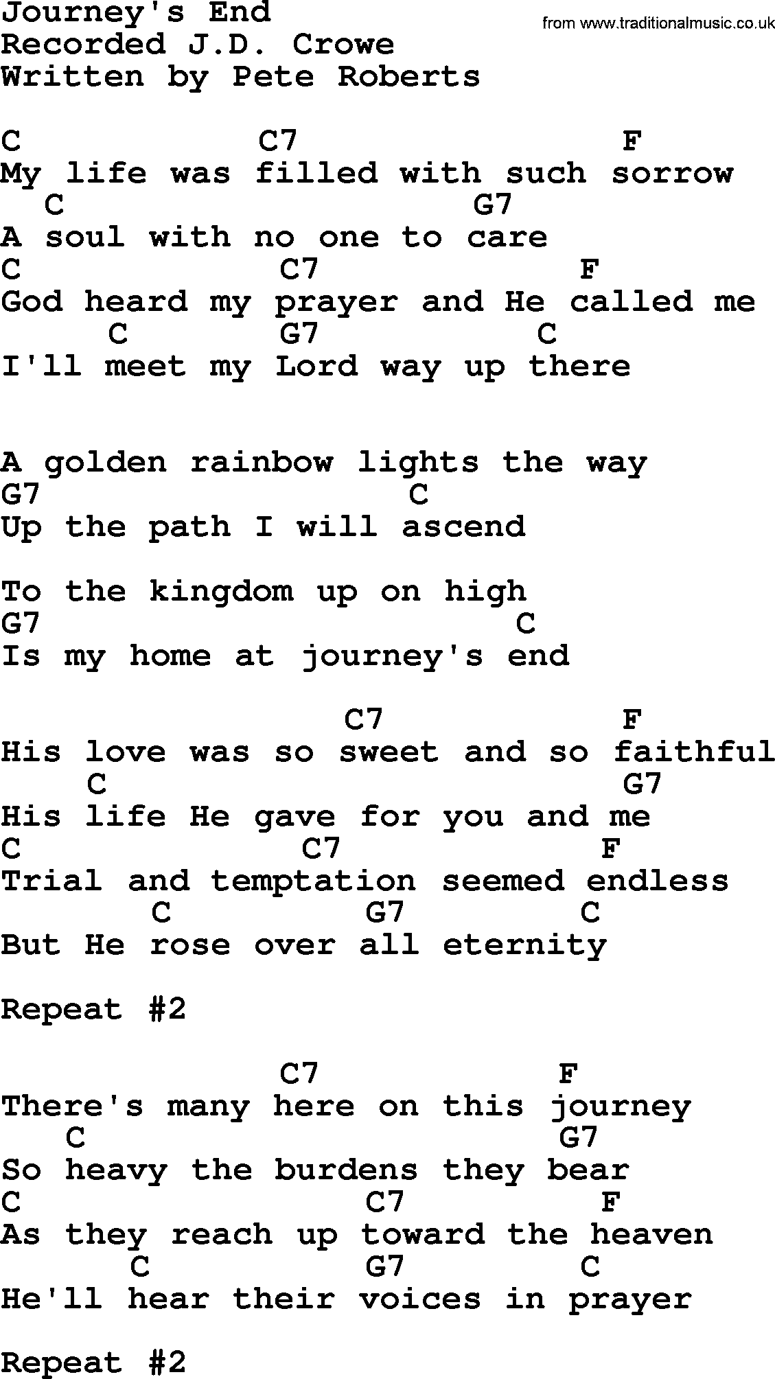 Bluegrass song: Journey's End, lyrics and chords