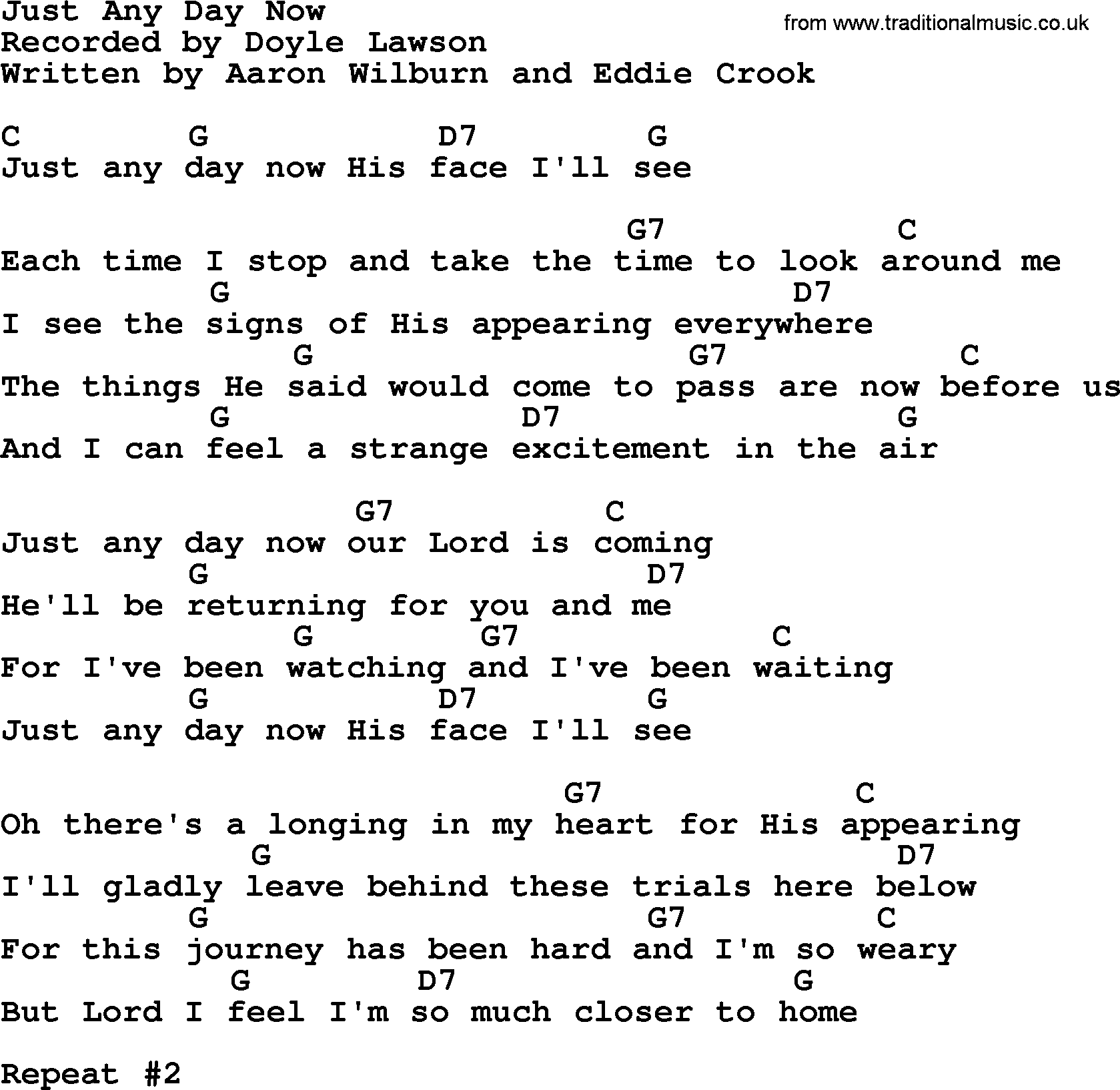 Bluegrass song: Just Any Day Now, lyrics and chords