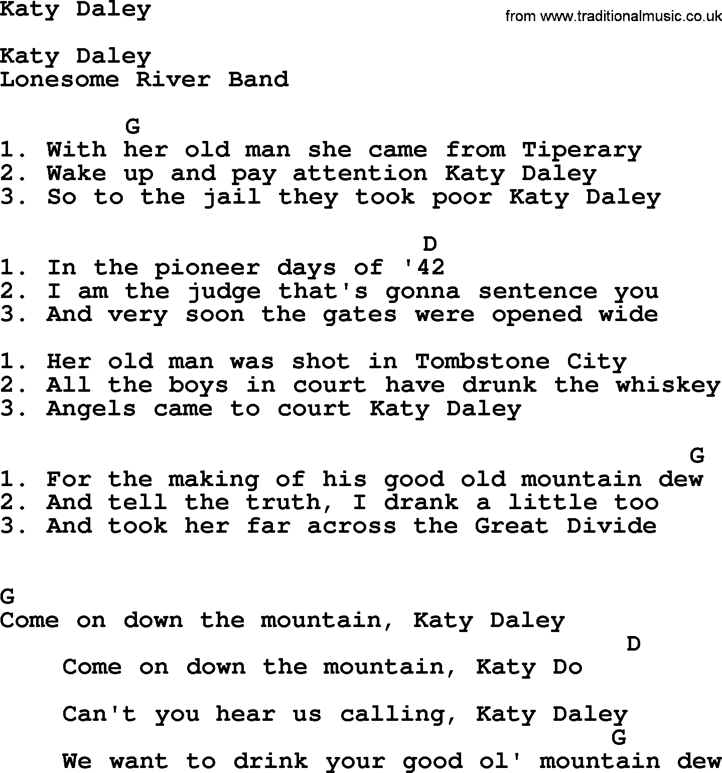 Bluegrass song: Katy Daley, lyrics and chords