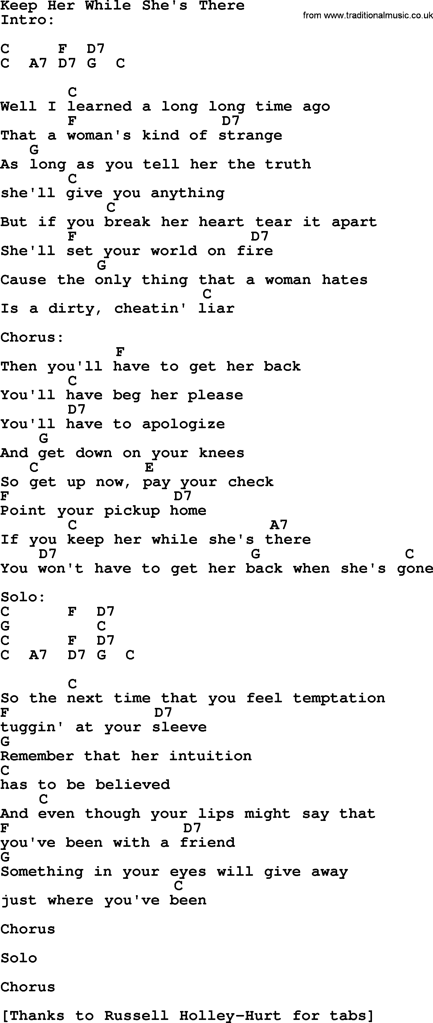 Bluegrass song: Keep Her While She's There, lyrics and chords