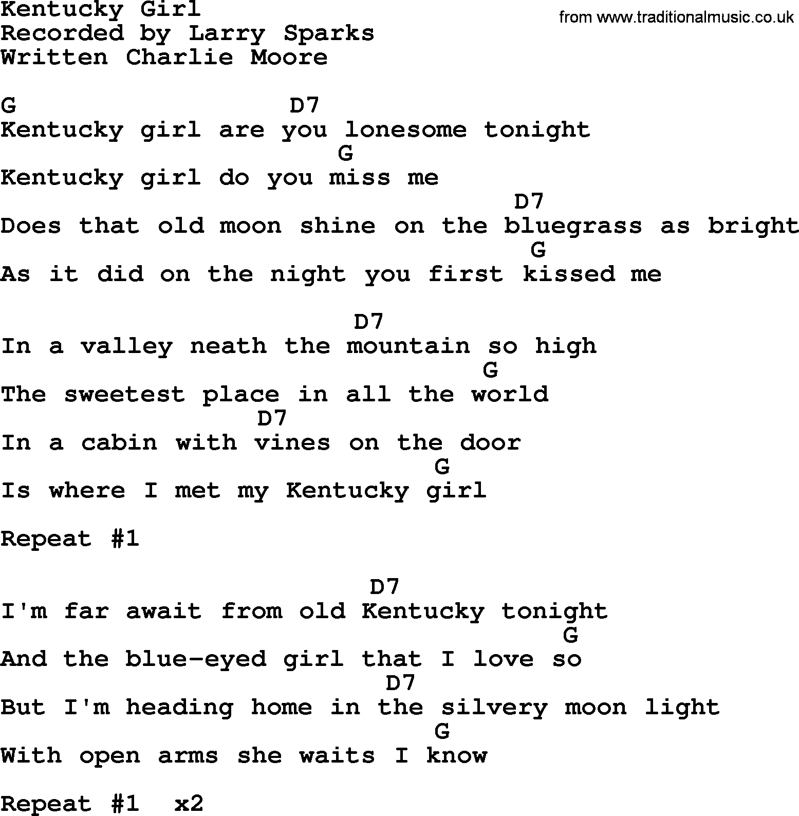 Bluegrass song: Kentucky Girl, lyrics and chords