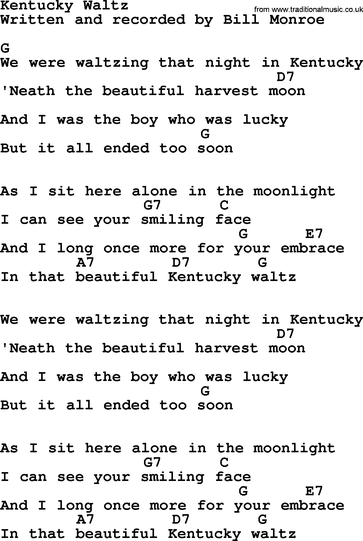 Bluegrass song: Kentucky Waltz, lyrics and chords